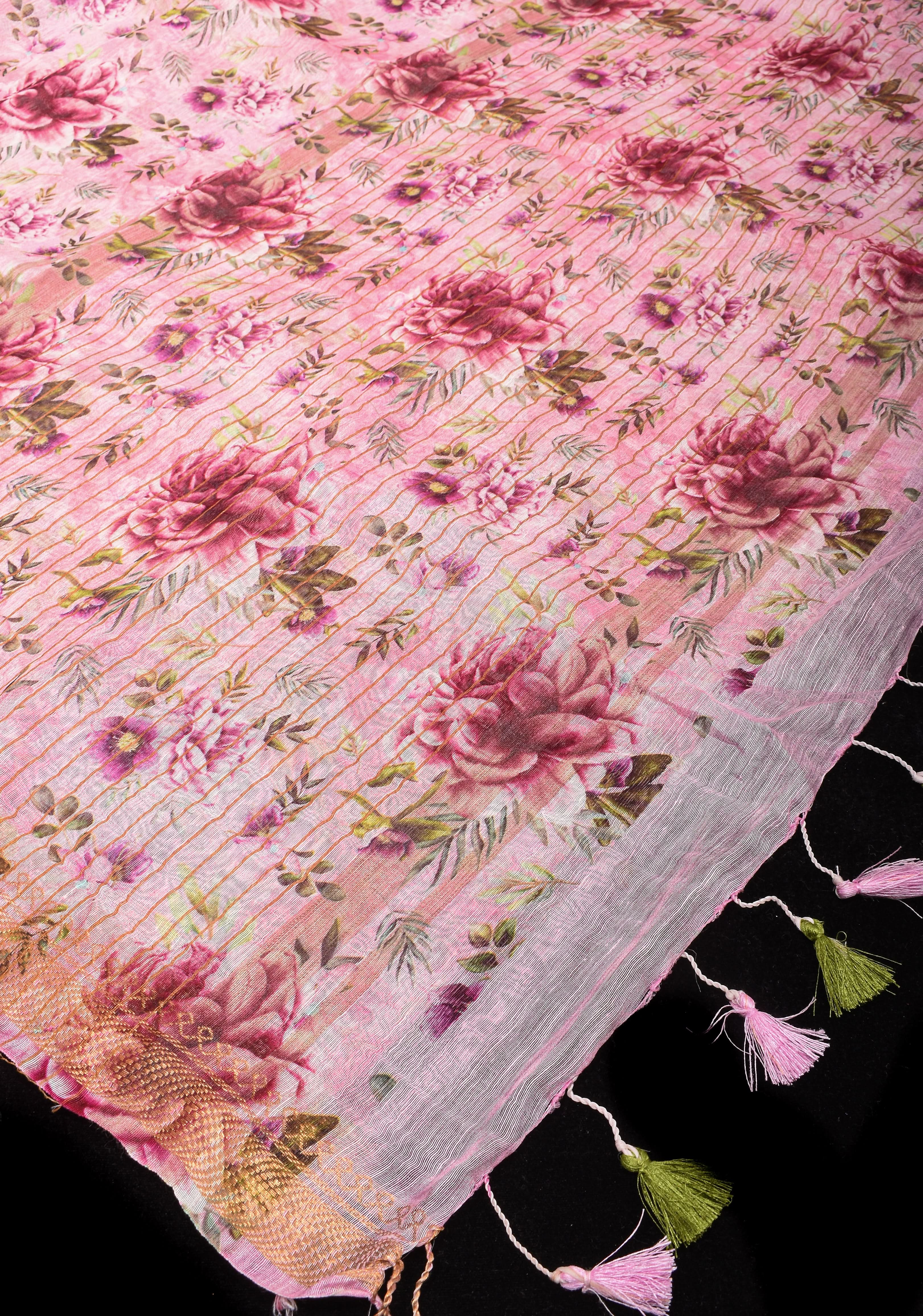 Peony Blooms : Silk Linen Saree in Dusty Pink with Long tassels and Zari Borders | Shobitam - Image 6