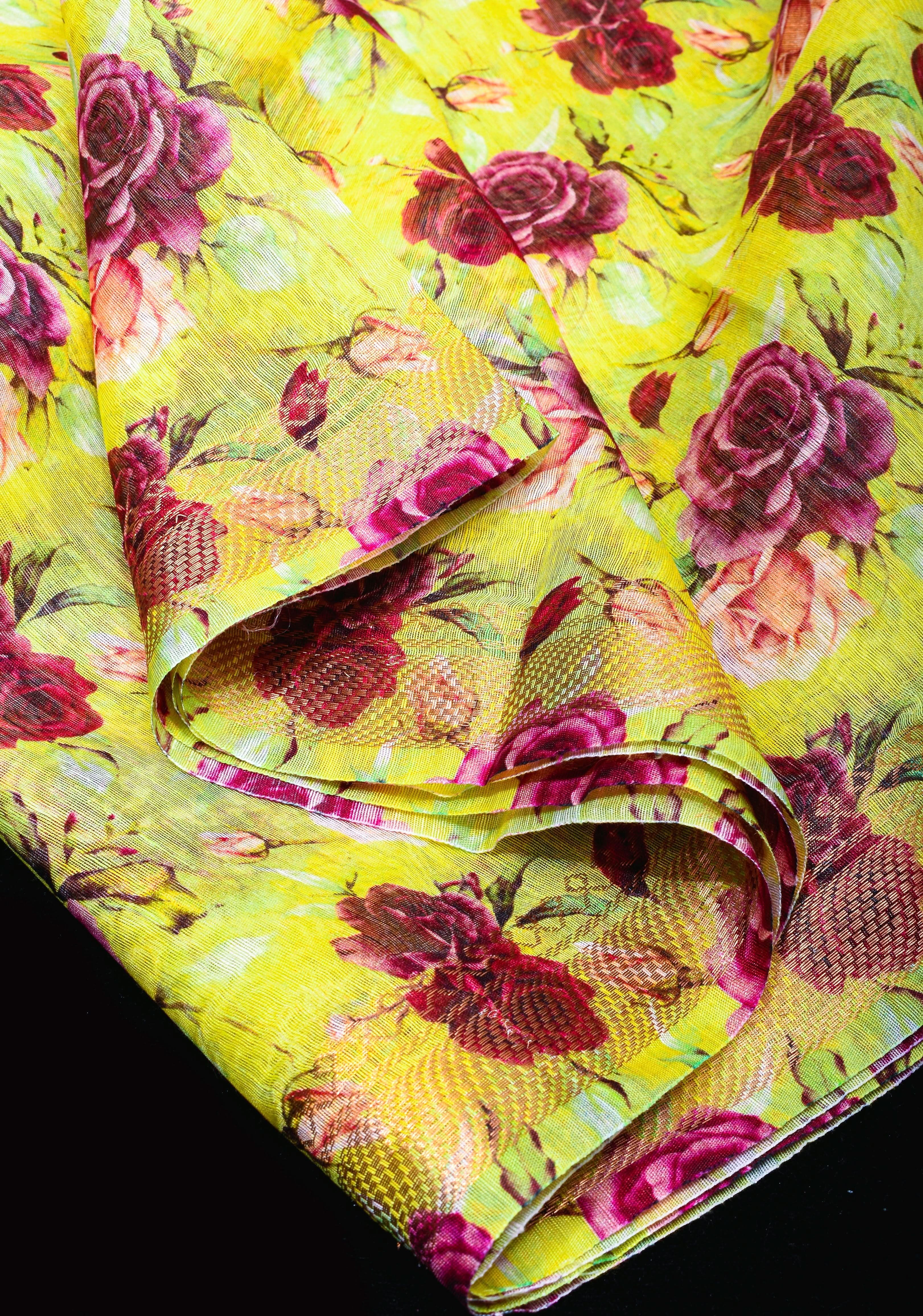 Citrine Silk Linen Saree with Rose Floral Digital print, zari borders and long tassels | Shobitam - Image 5