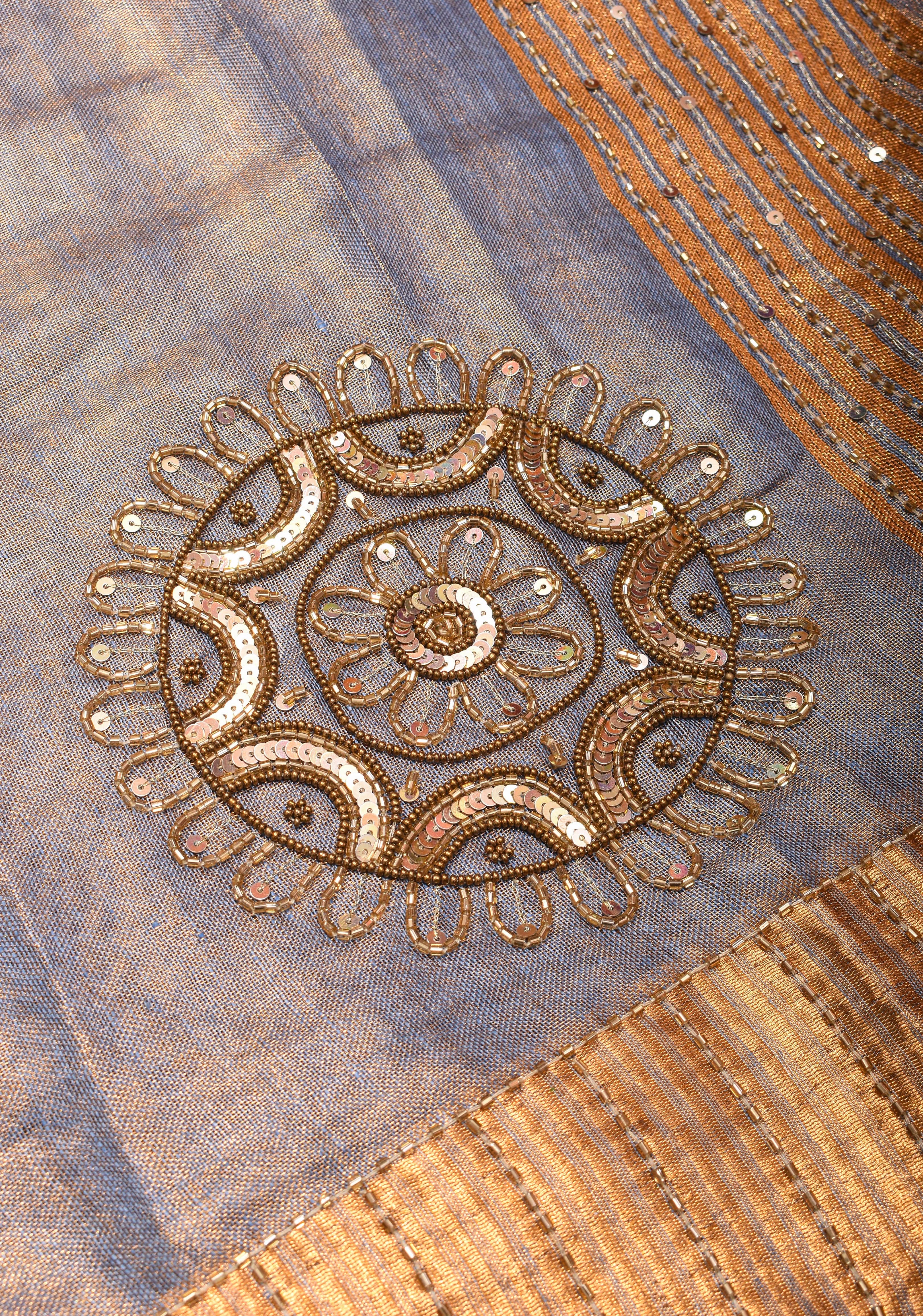 Gray Tissue Linen Saree with Sequin and Cutdana Handwork Mandala Buttas | Shobitam - Image 2