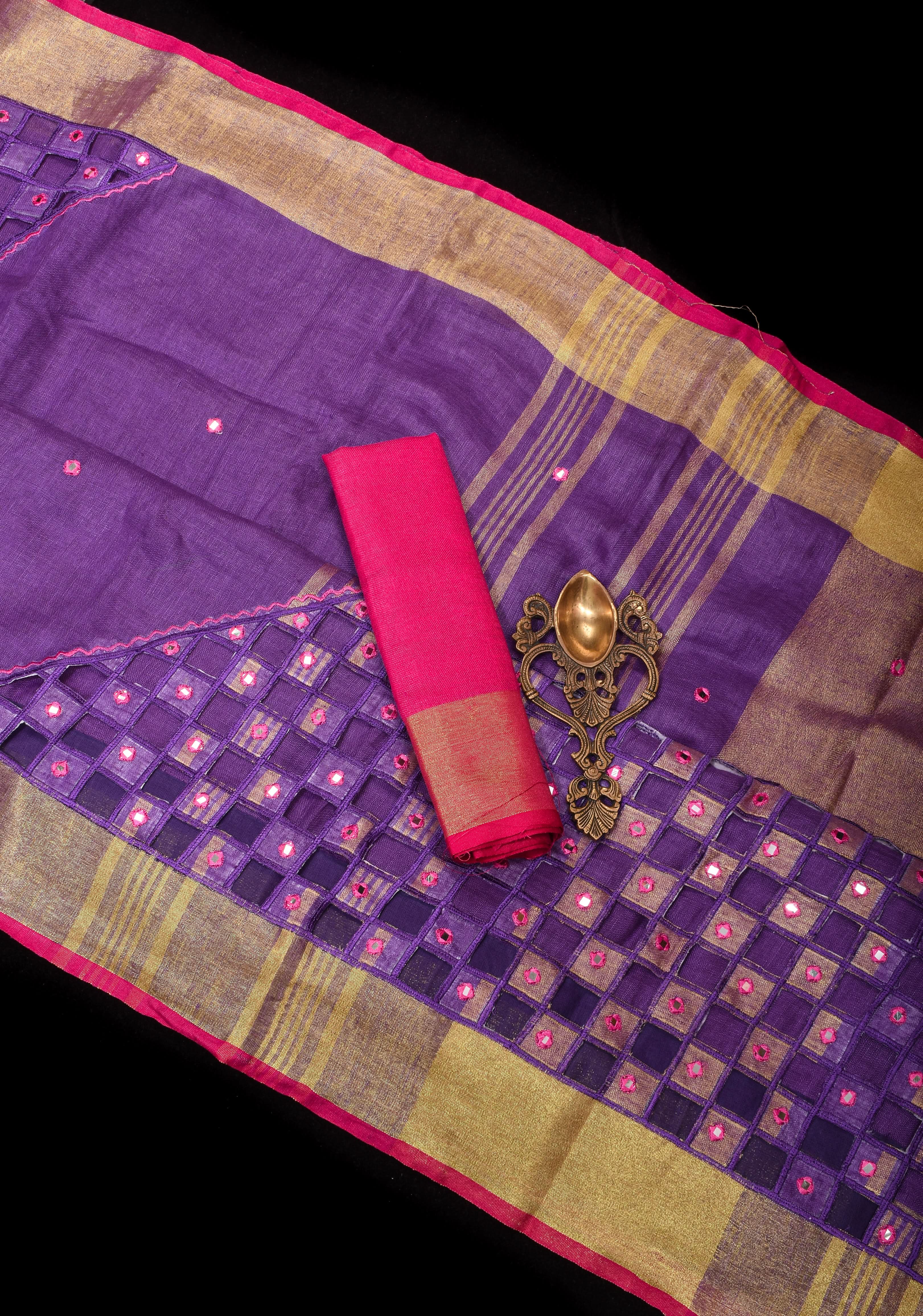 Jaali Pallu - Linen by Linen Cutwork with Pink embroidery and Mirror work Saree in Purple | Shobitam - Image 2