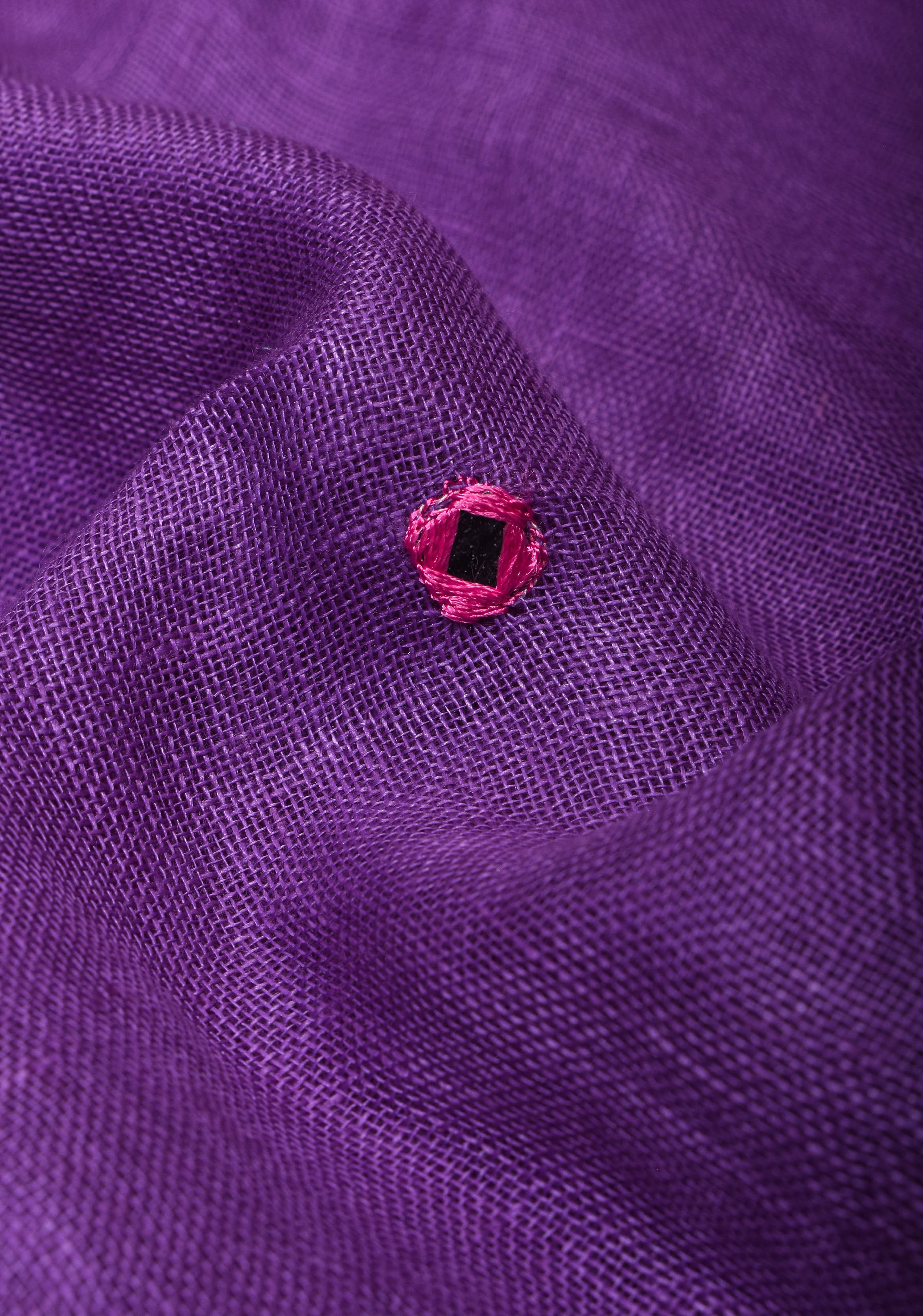 Jaali Pallu - Linen by Linen Cutwork with Pink embroidery and Mirror work Saree in Purple | Shobitam - Image 6