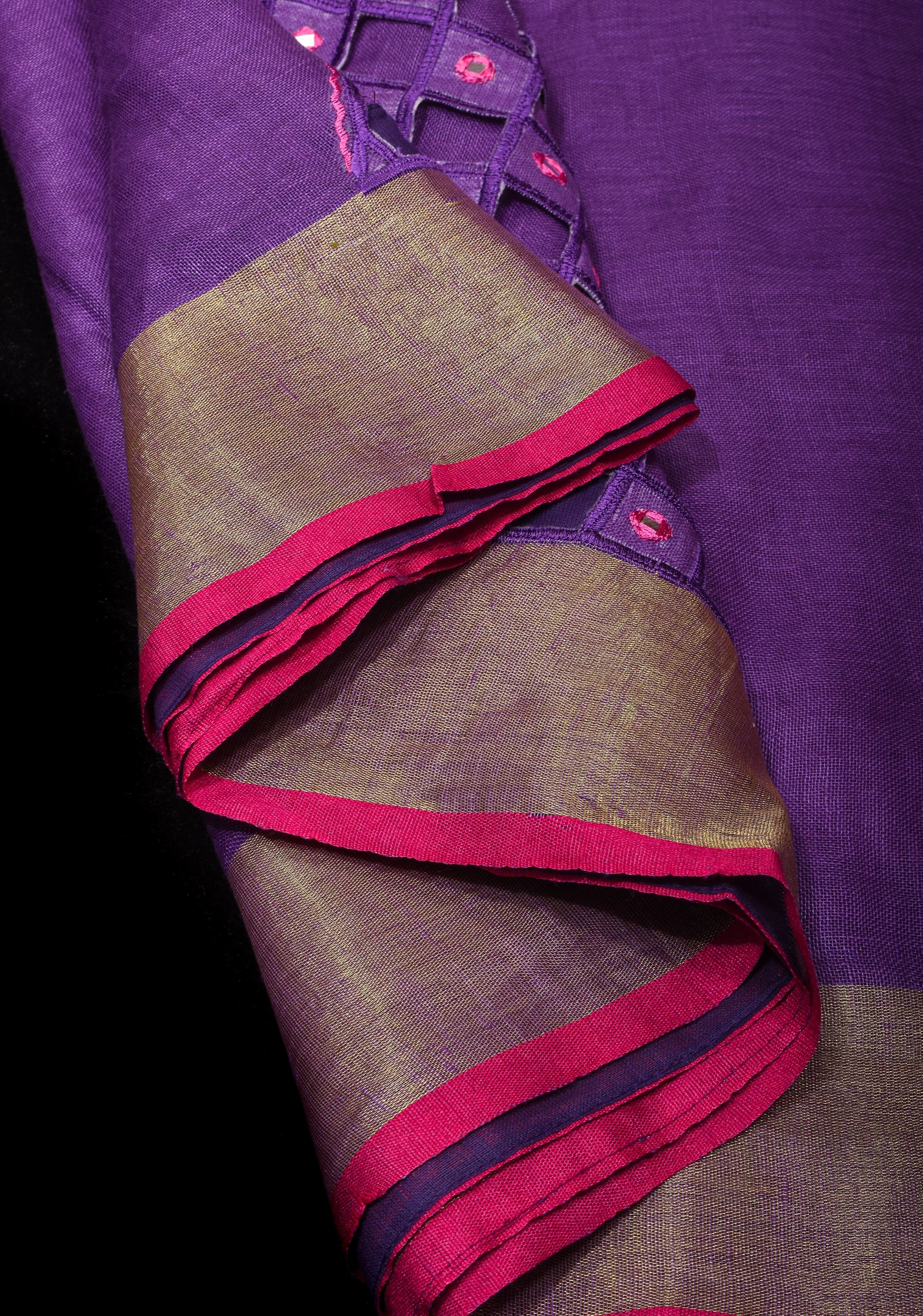 Jaali Pallu - Linen by Linen Cutwork with Pink embroidery and Mirror work Saree in Purple | Shobitam - Image 7
