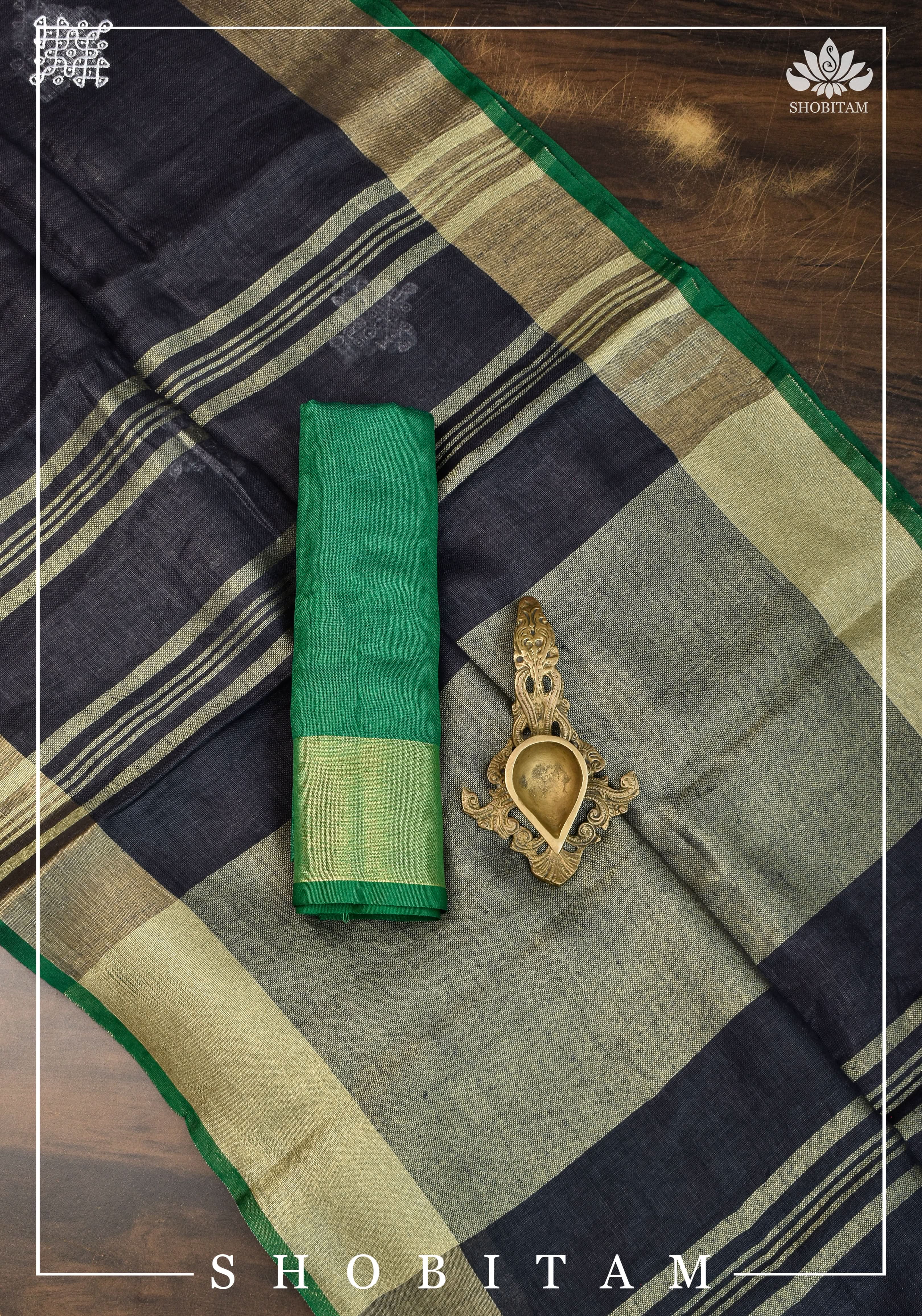 Kolam Linen By Linen embroidery Saree in Black with green selvedges | Sarees By shobitam - Image 3