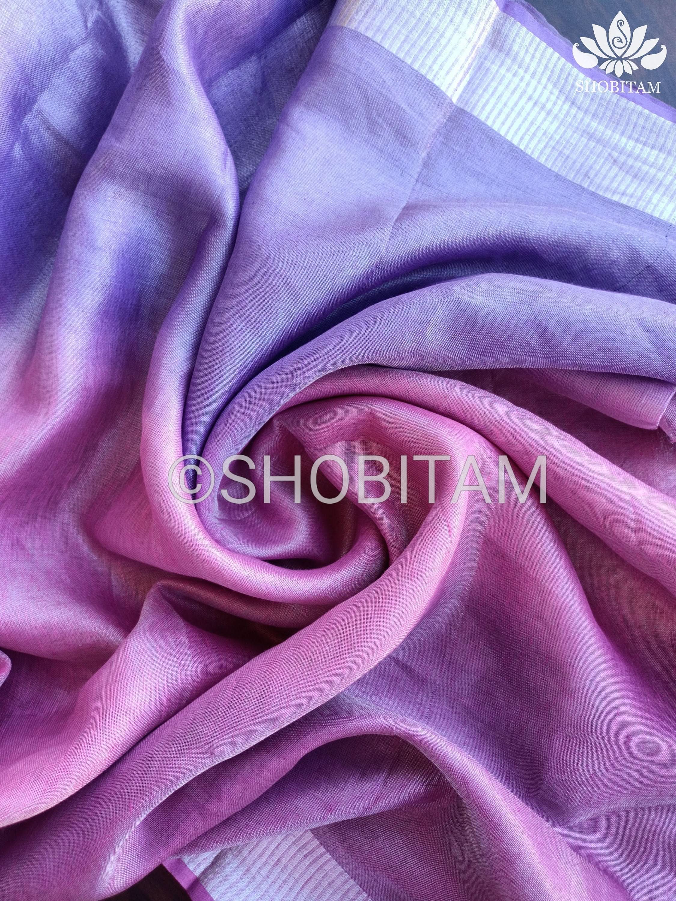 Shobitam Designer Collections - Pretty Lilac and Pink Ombre Tissue Linen saree - Image 7