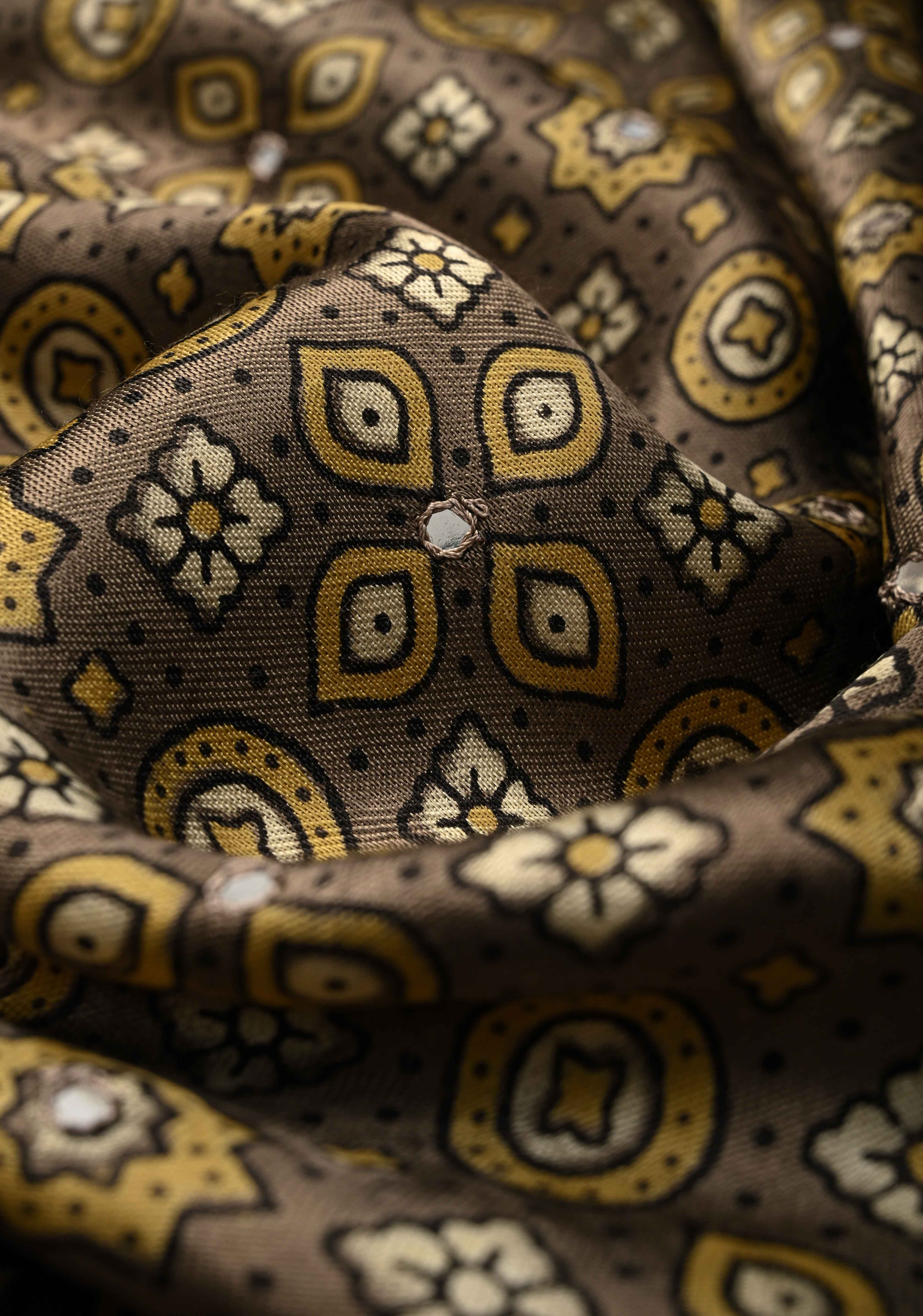 Authentic Ajrakh Hand Block Print in Gray Taupe Modal Silk Saree with Mirror Tikk Hand Work | Shobitam - Image 4