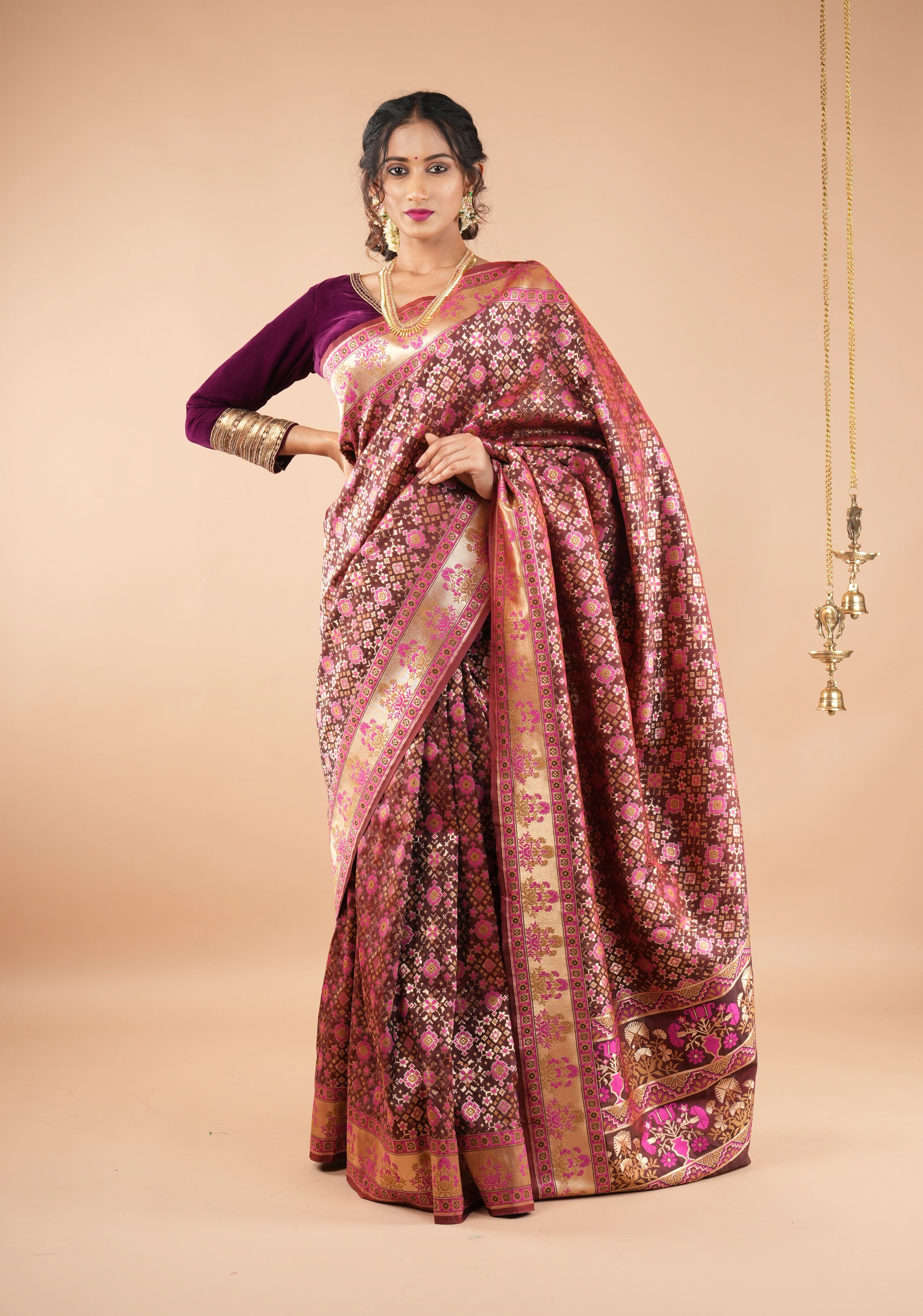 Exquisite Brown Semi Silk Saree with Patola Ikkat Meenakari Zari Border and Pallu | Shobitam - Image 6