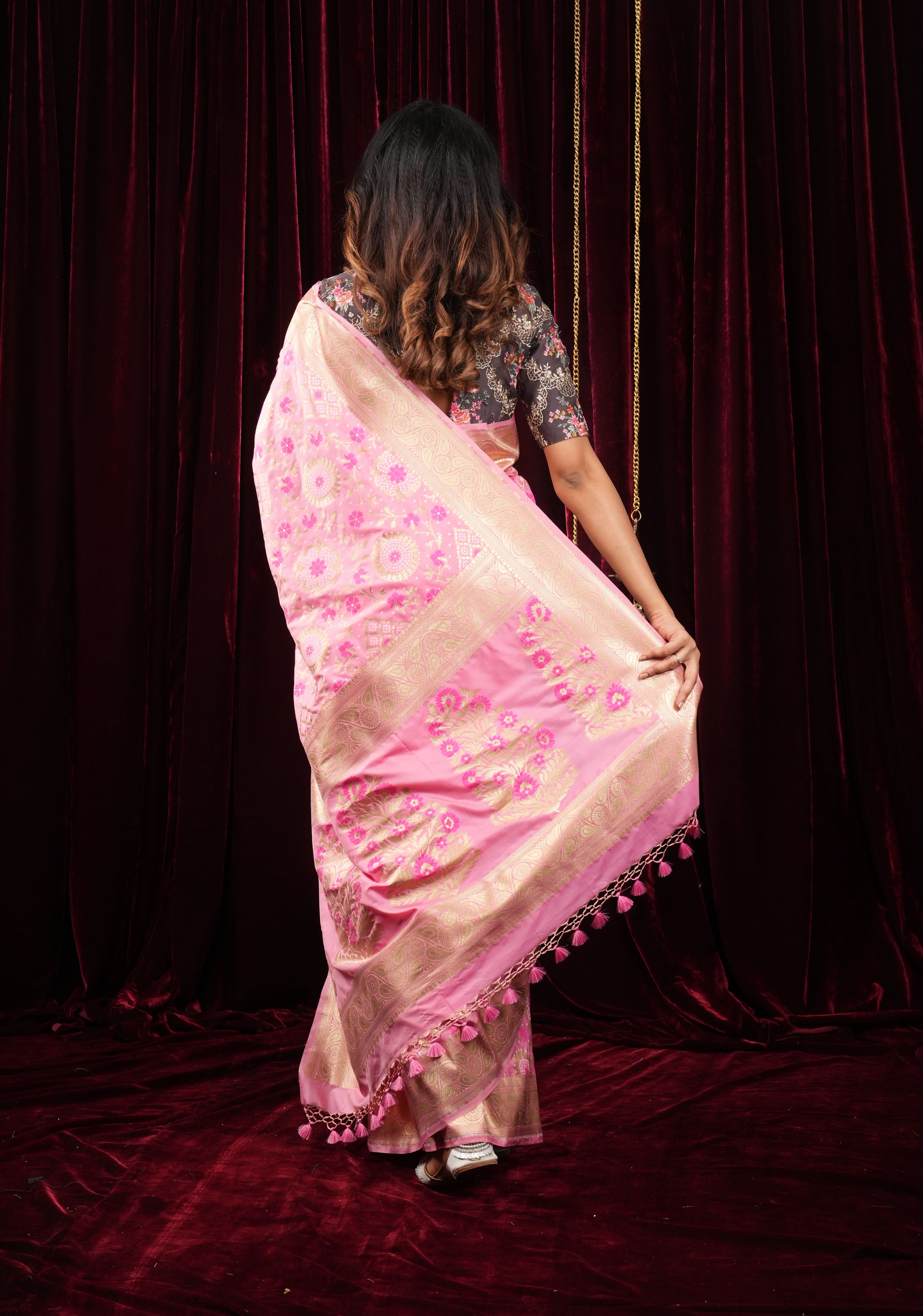 Exquisite Pink Semi Silk Saree with Floral jaal Meenakari Body Zari Border and Pallu | Shobitam - Image 5