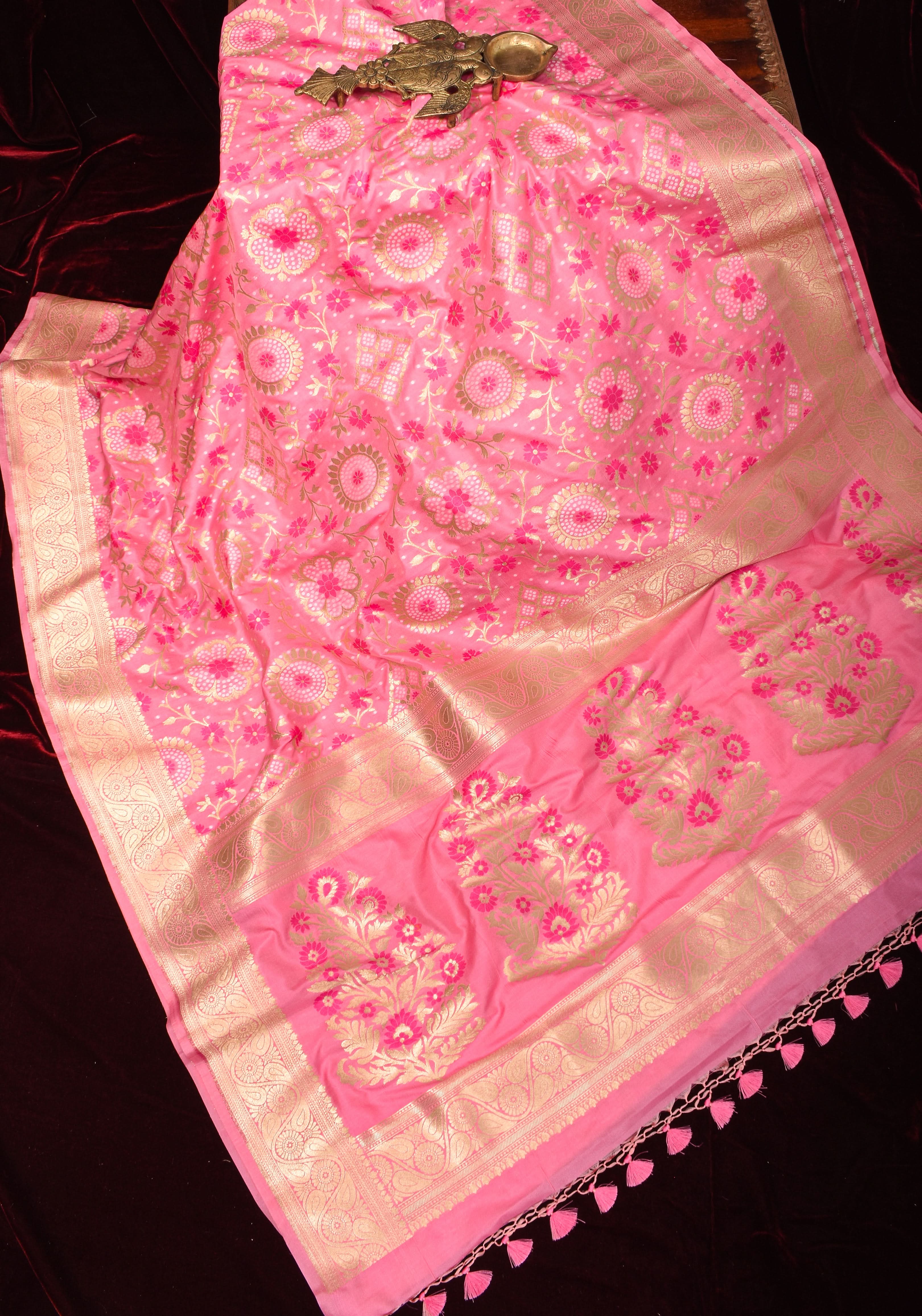 Exquisite Pink Semi Silk Saree with Floral jaal Meenakari Body Zari Border and Pallu | Shobitam - Image 6