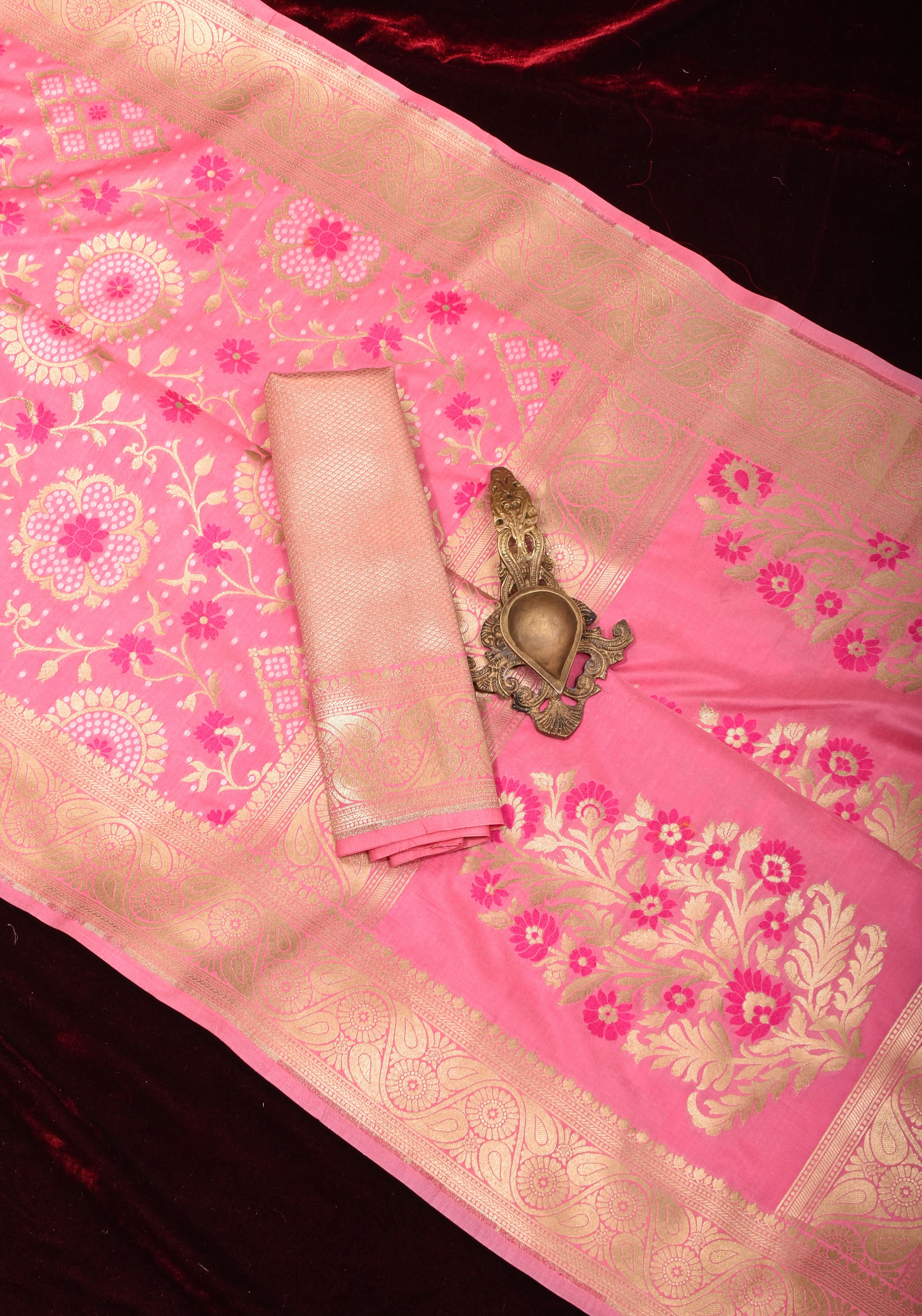 Exquisite Pink Semi Silk Saree with Floral jaal Meenakari Body Zari Border and Pallu | Shobitam - Image 7