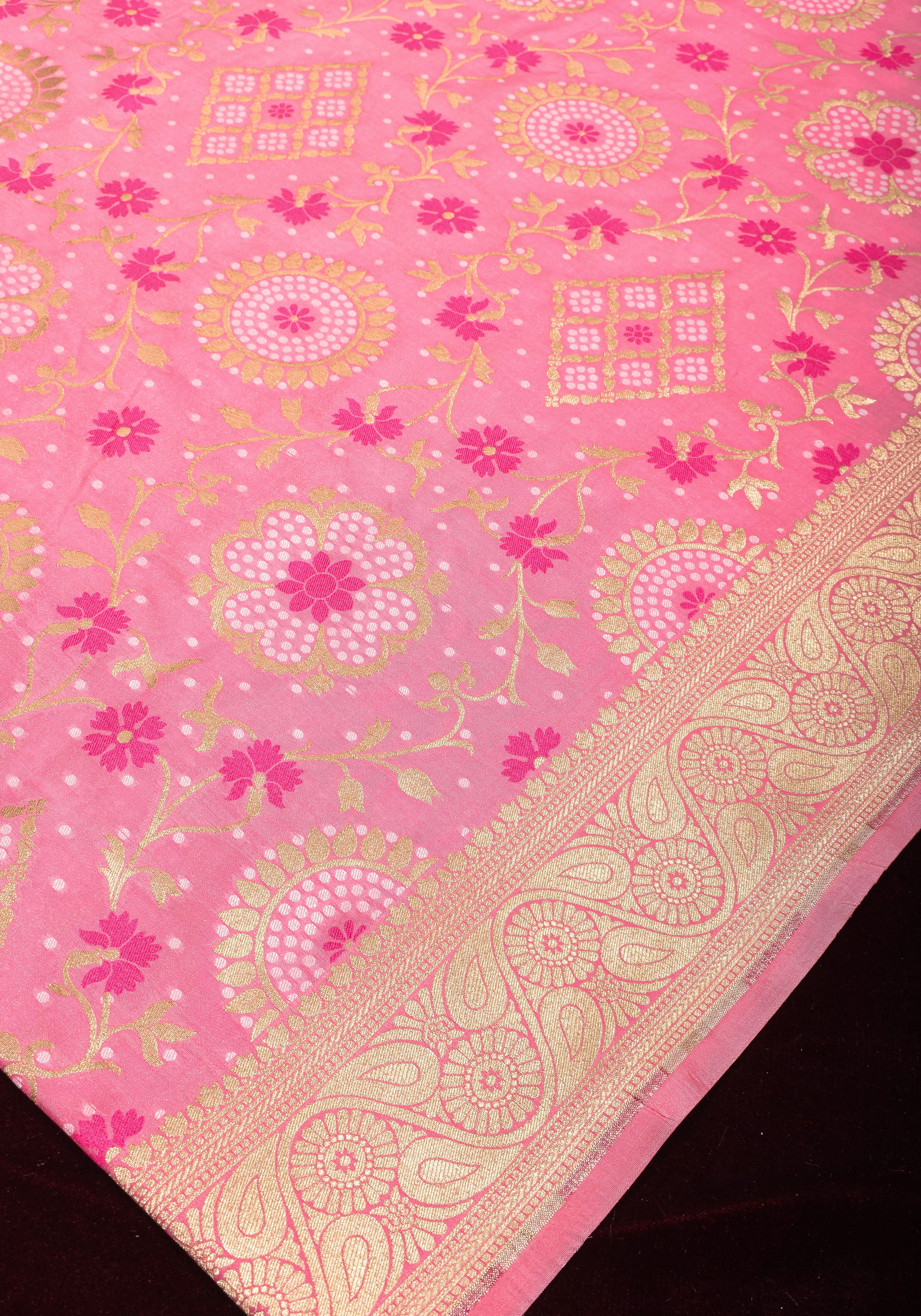 Exquisite Pink Semi Silk Saree with Floral jaal Meenakari Body Zari Border and Pallu | Shobitam - Image 8