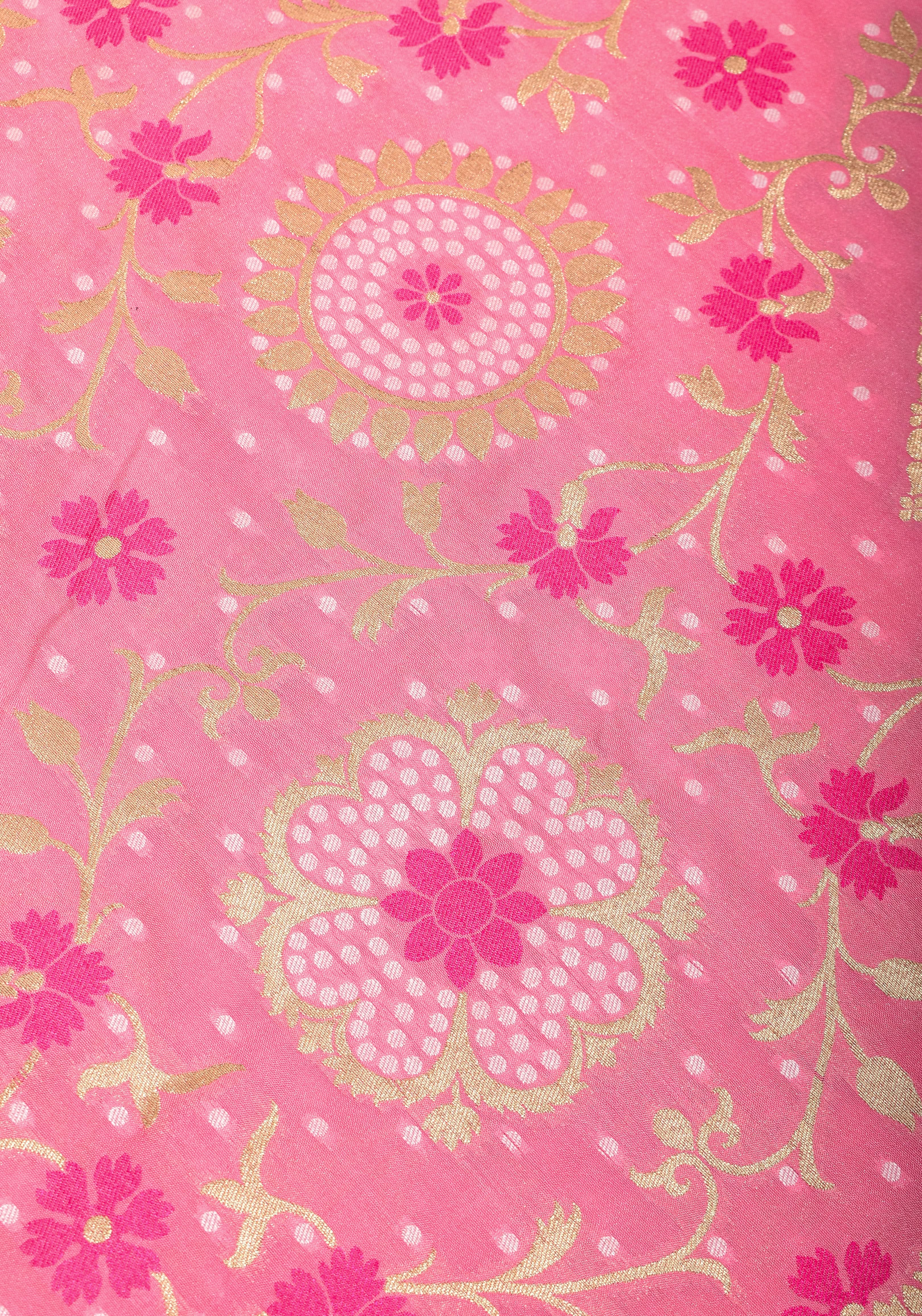 Exquisite Pink Semi Silk Saree with Floral jaal Meenakari Body Zari Border and Pallu | Shobitam - Image 9