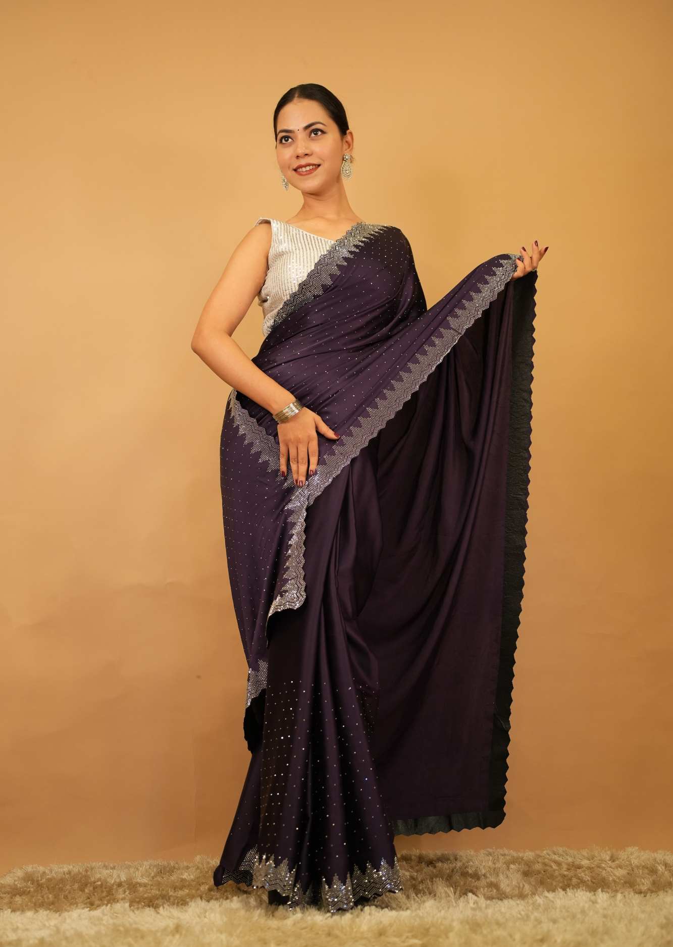 Alluring Purple Soft Premium Satin With Stone Bead Detailed  Work All Over  Wrap in 1 minute saree - Image 4