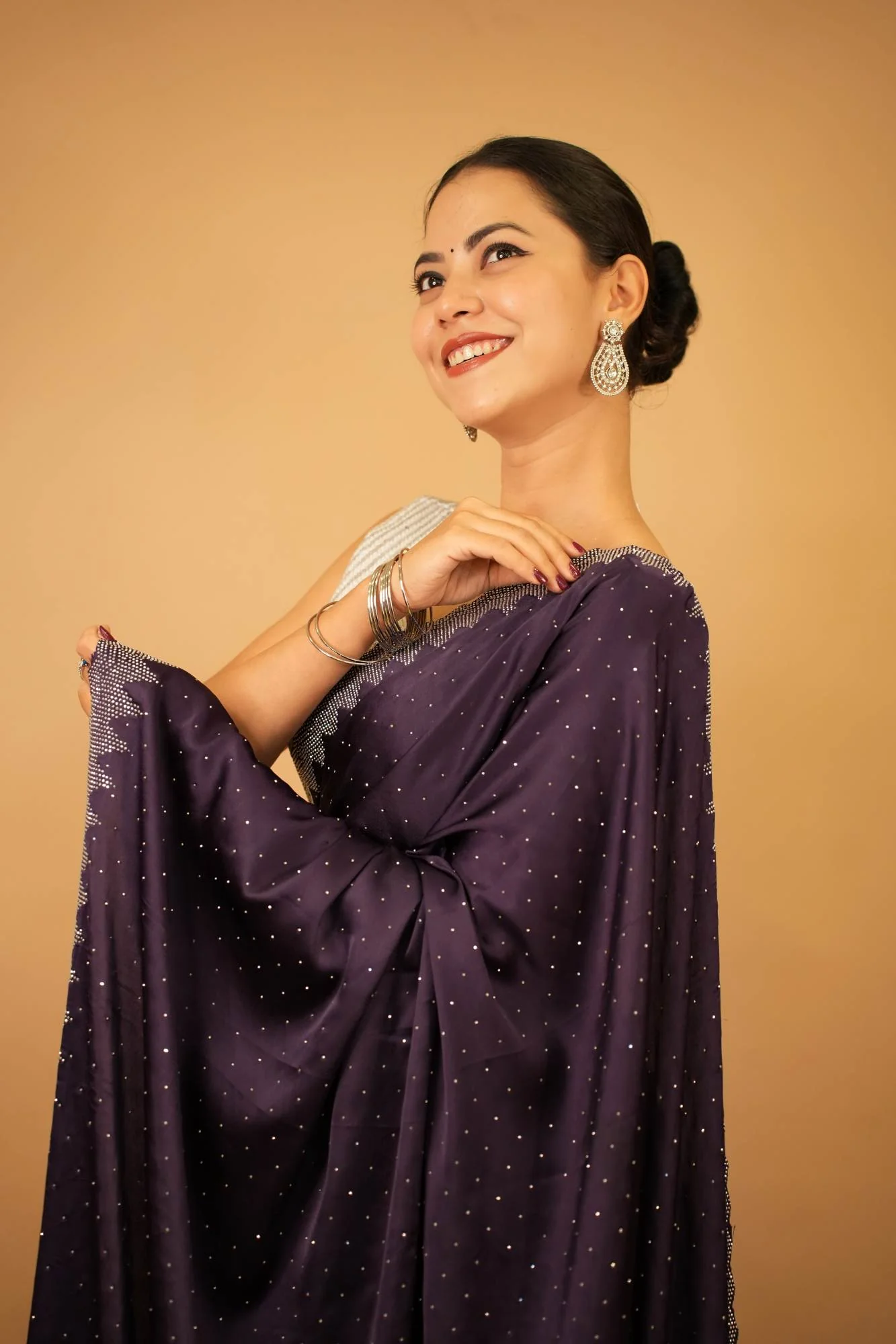 Alluring Purple Soft Premium Satin With Stone Bead Detailed  Work All Over  Wrap in 1 minute saree - Image 9