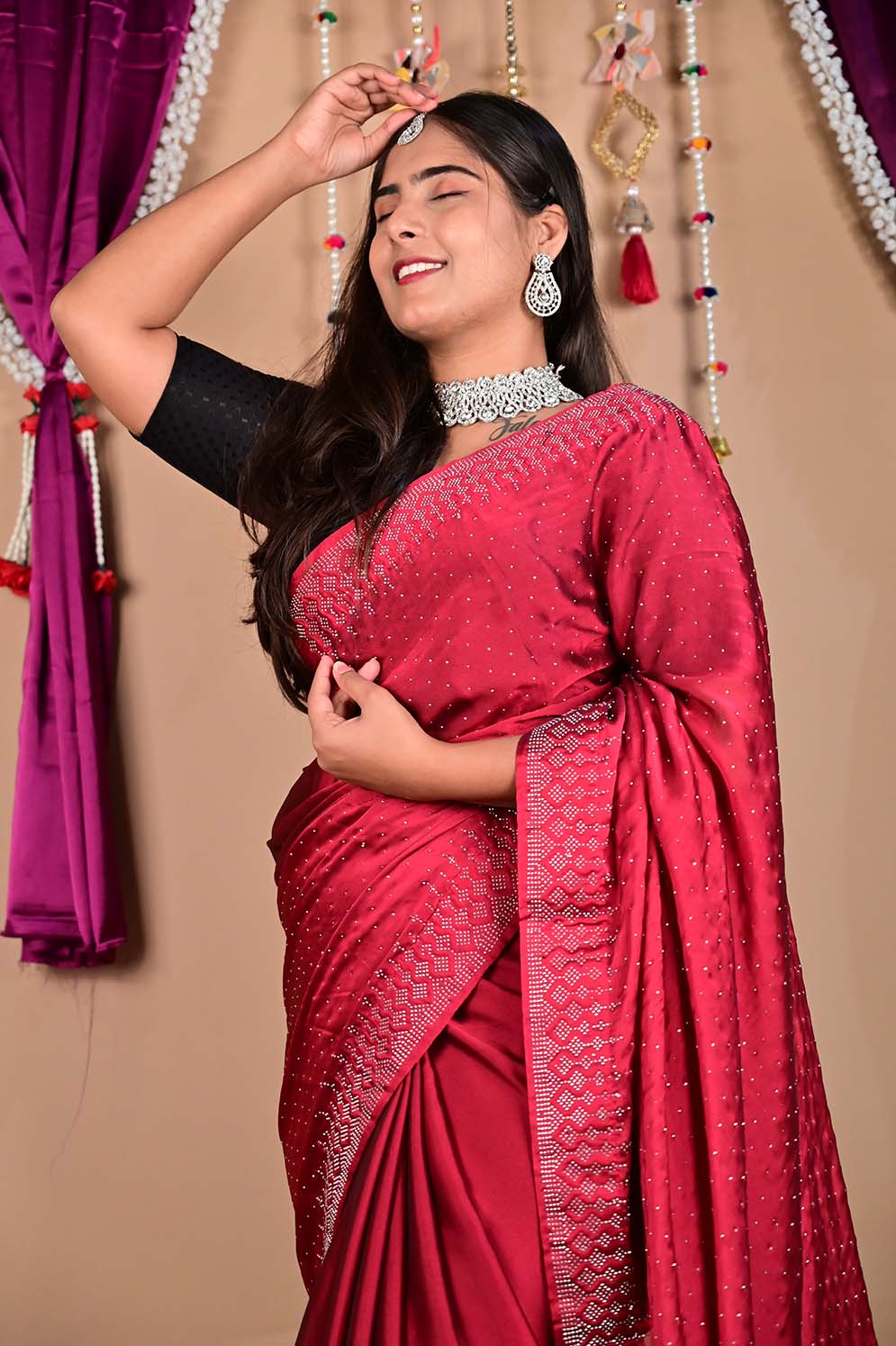 Alluring Soft Georgette Silk With Stone Sequence Bead Detailed  Work All Over Magenta Mix Wrap in 1 minute saree - Image 6