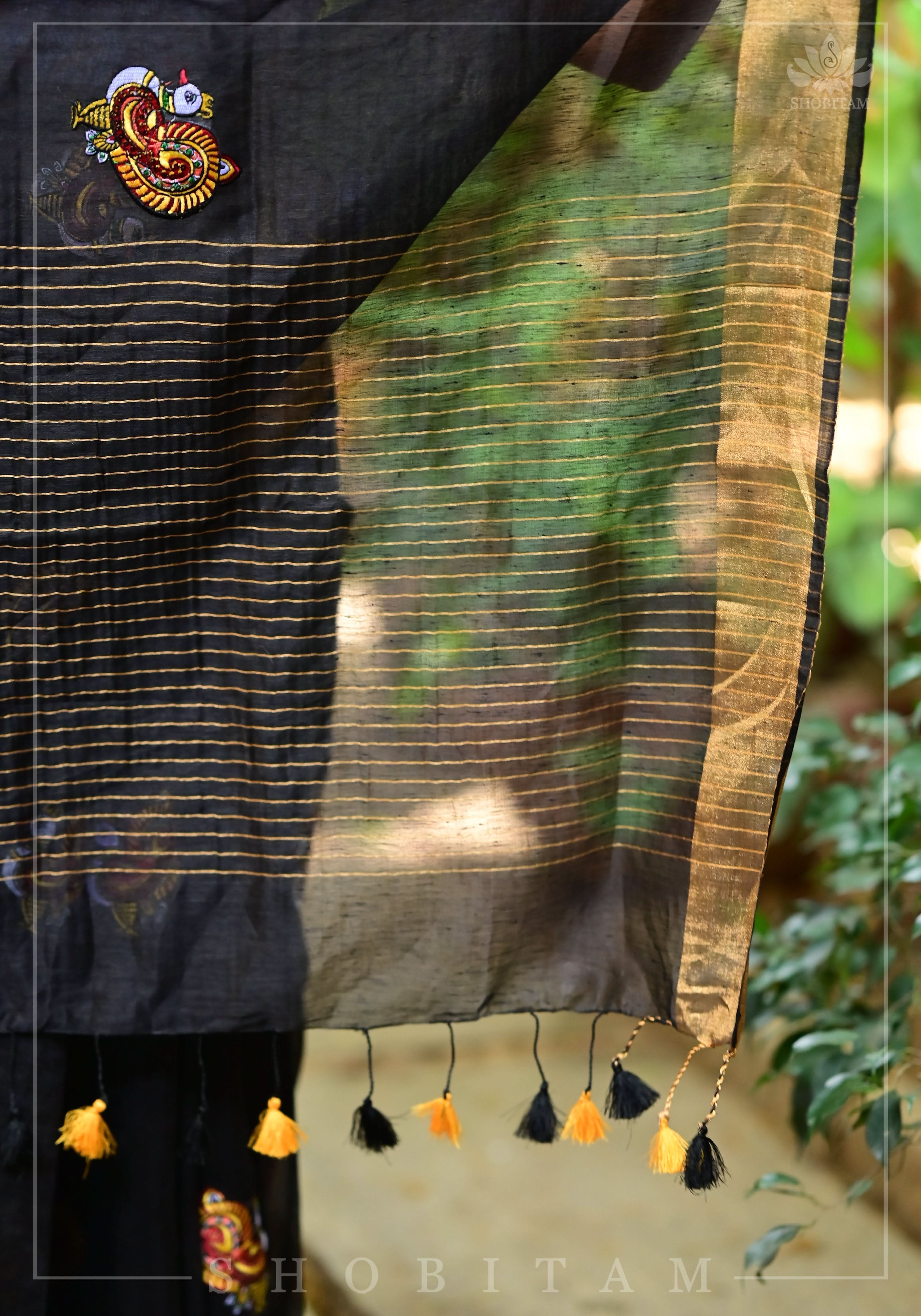 Annapakshi -the divine Swan embroidered motifs on Black Silk Linen Saree | Shobitam - Image 7