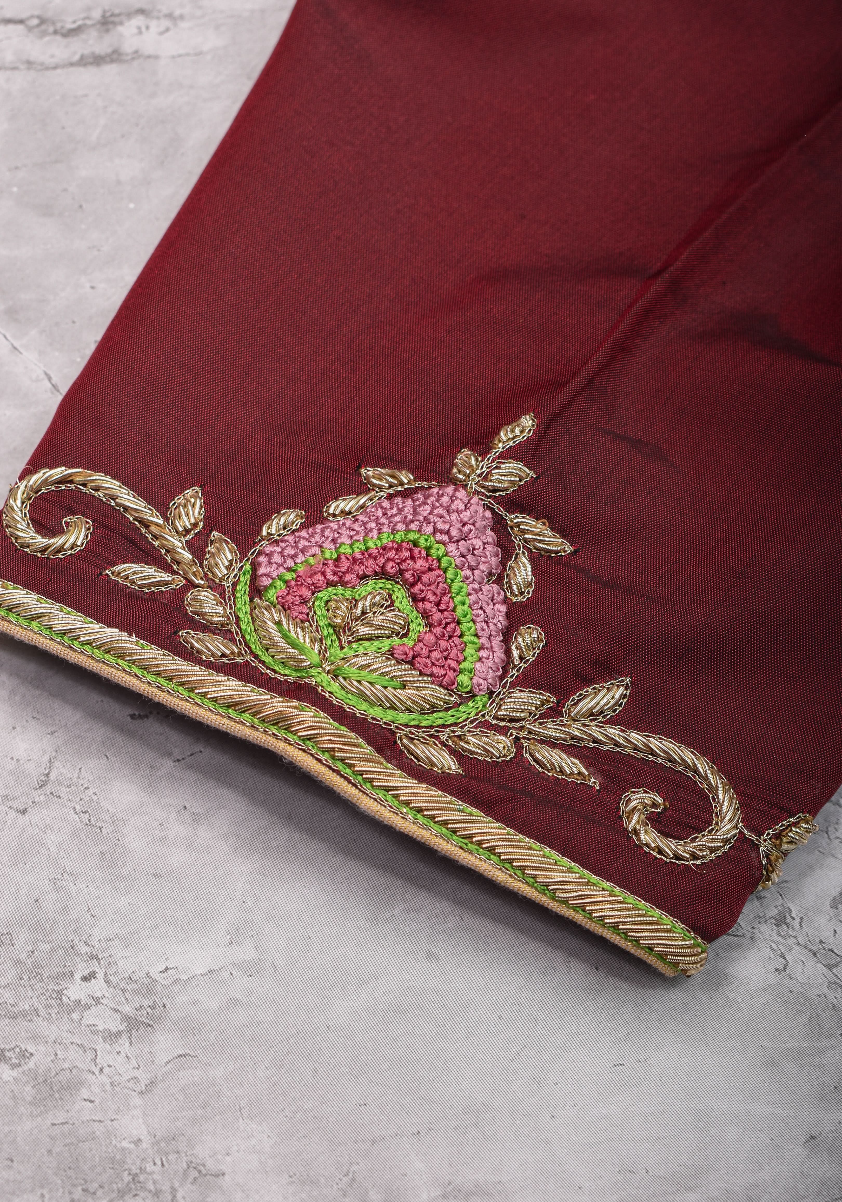 Made to Order: Hand Zardosi and French Knot Embroidered Blouse in Maroon | Shobitam Blouse - Image 4