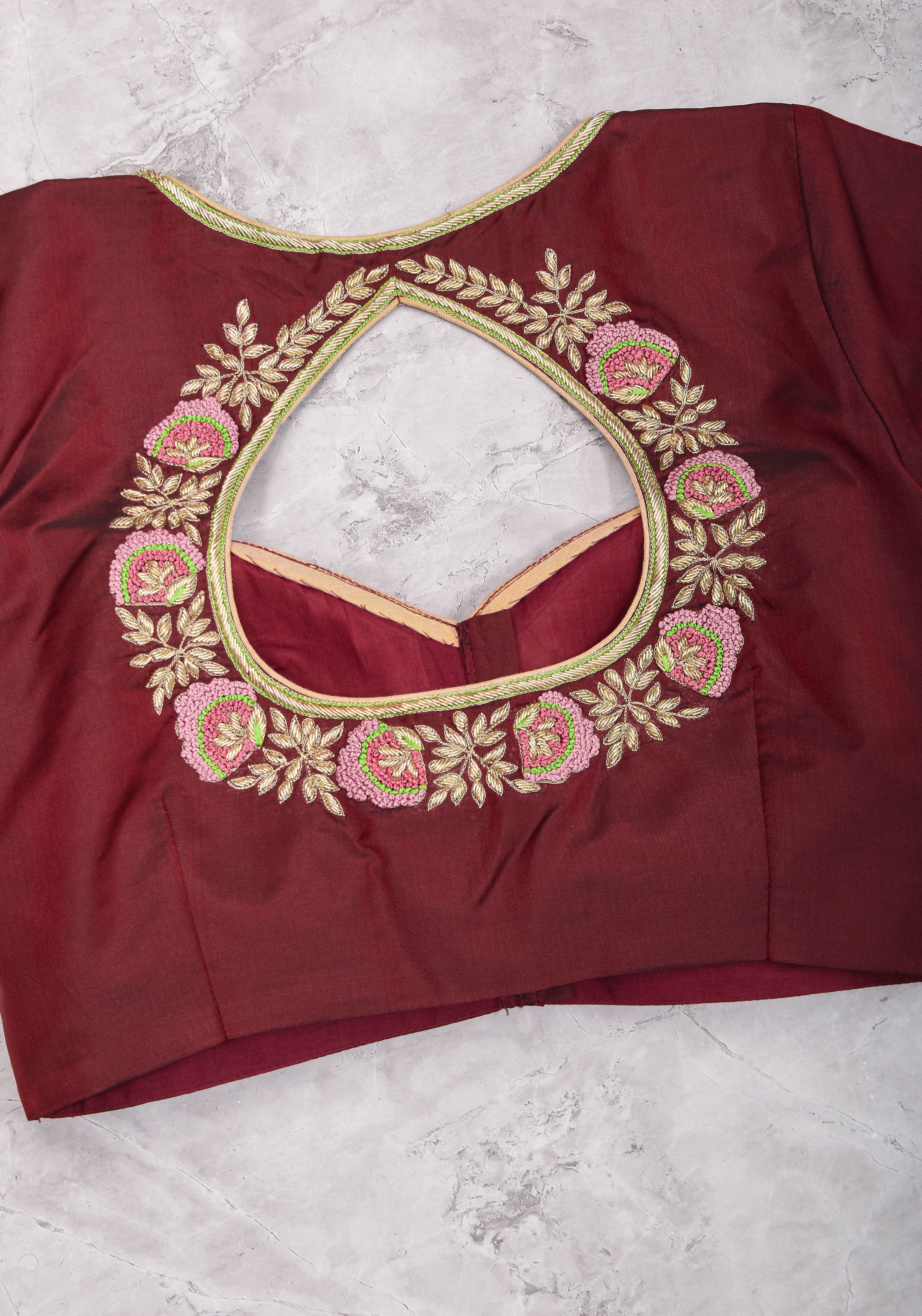 Made to Order: Hand Zardosi and French Knot Embroidered Blouse in Maroon | Shobitam Blouse - Image 6