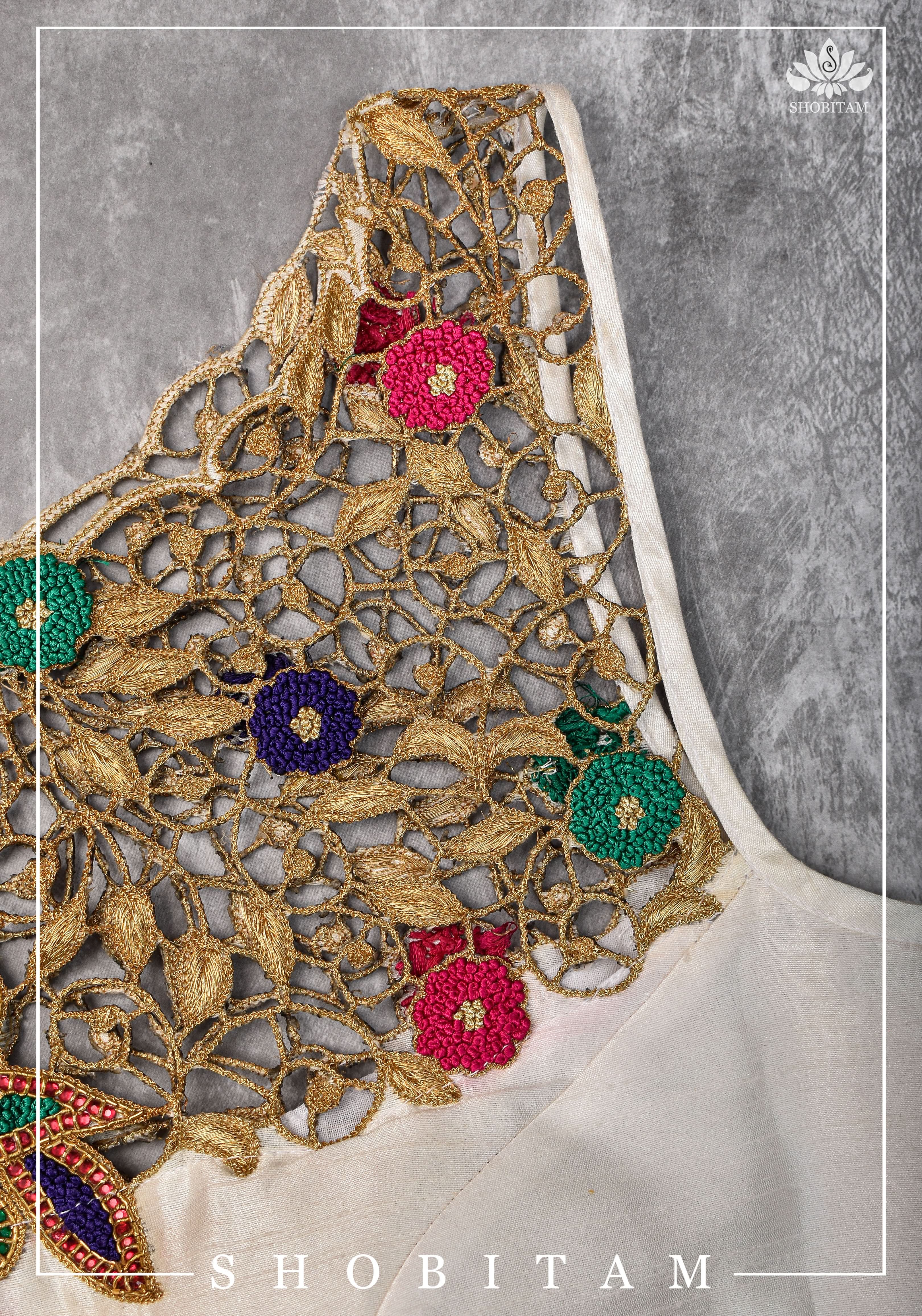 Make your own size: Hand Cutwork Yoke raw Silk Blouse with meenakari resham |Shobitam Blouse - Image 3