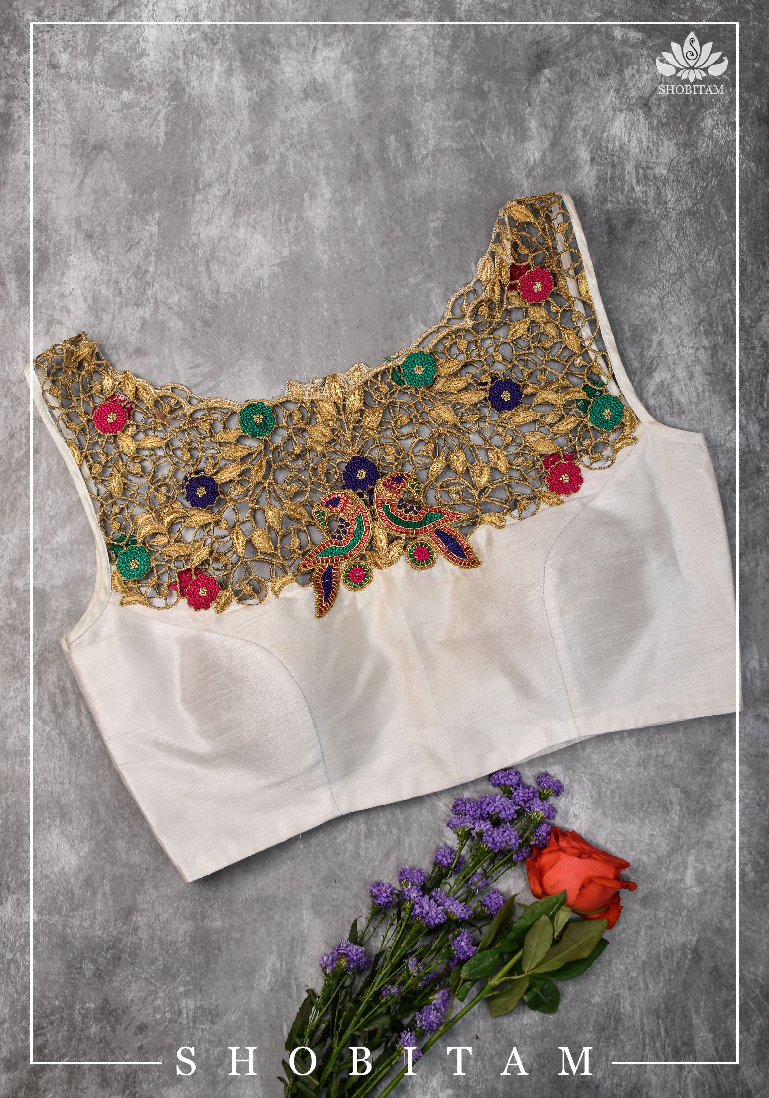 Make your own size: Hand Cutwork Yoke raw Silk Blouse with meenakari resham |Shobitam Blouse - Image 4