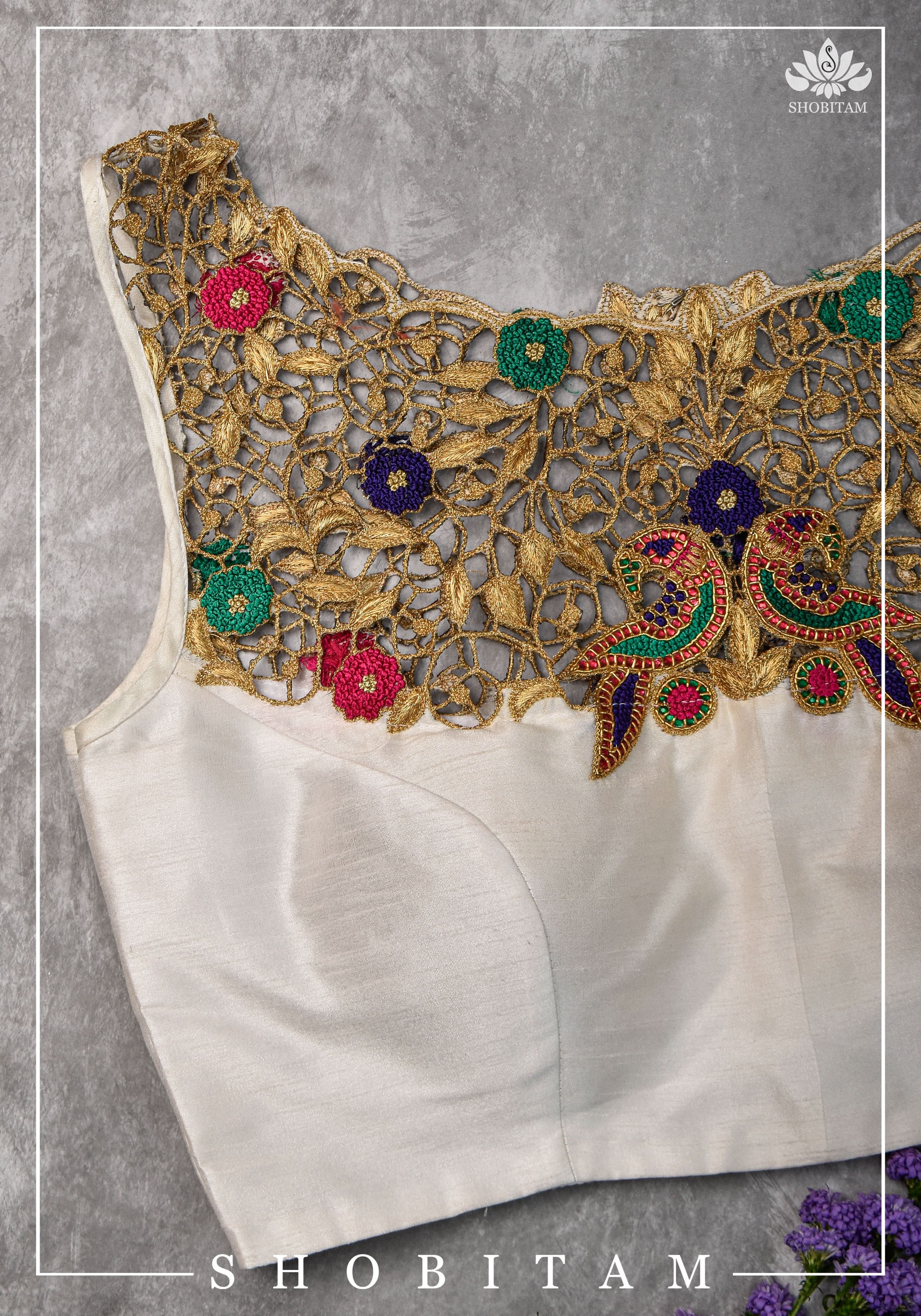 Make your own size: Hand Cutwork Yoke raw Silk Blouse with meenakari resham |Shobitam Blouse - Image 8
