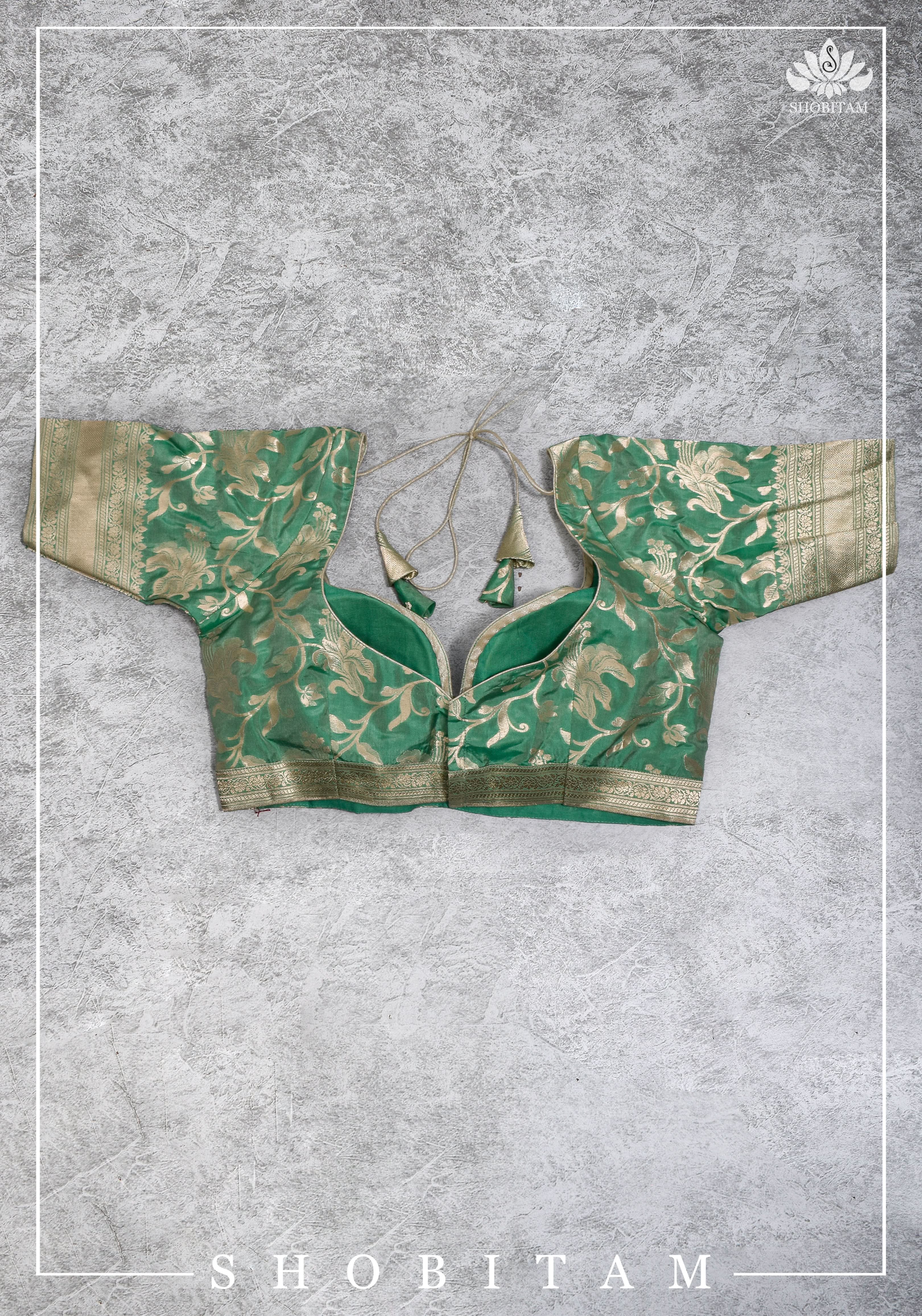Size 42 Pure Silk Plunge Neck Blouse In Sea Green with Jaal Zari  | Shobitam Saree - Image 2