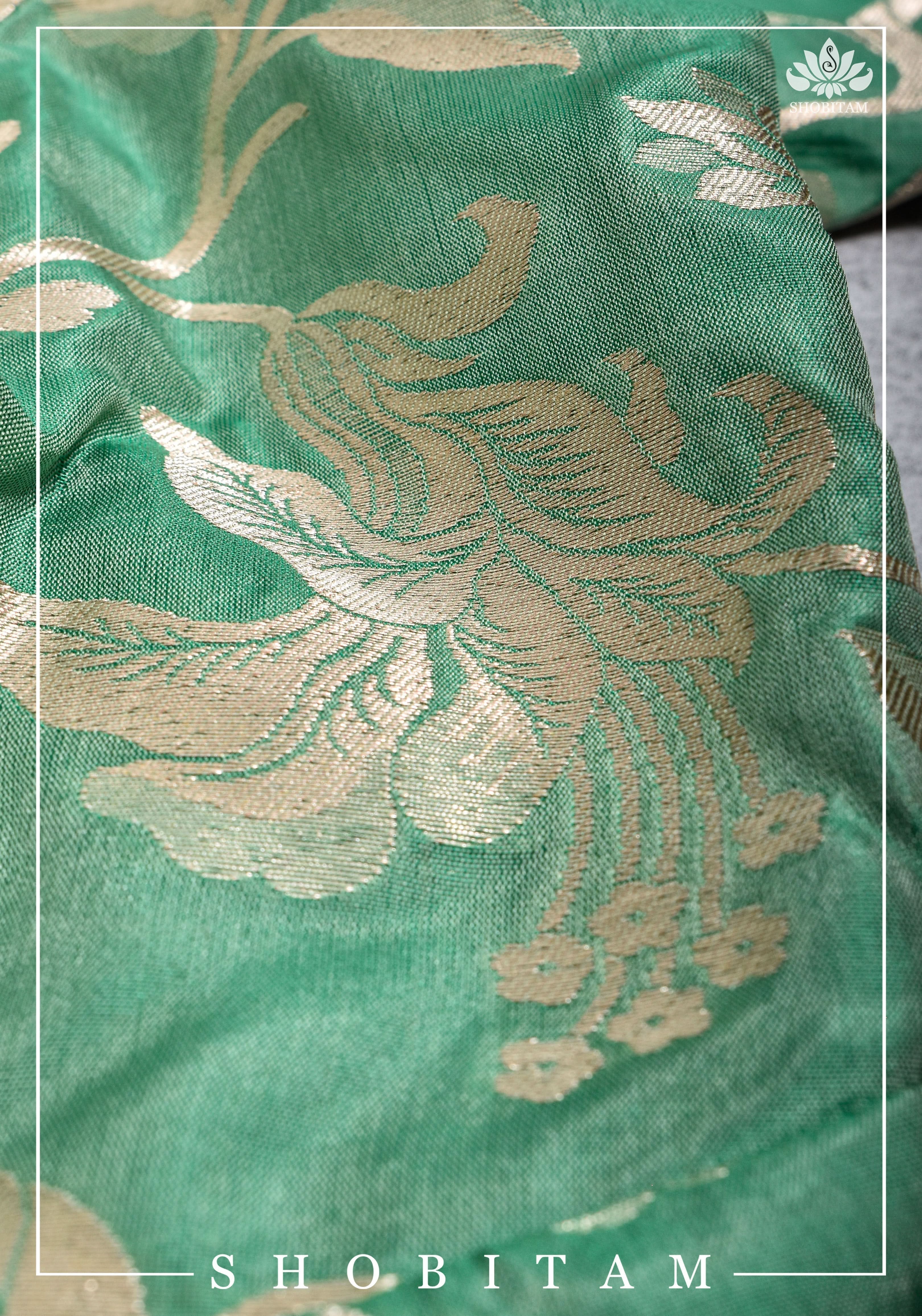 Size 42 Pure Silk Plunge Neck Blouse In Sea Green with Jaal Zari  | Shobitam Saree - Image 3