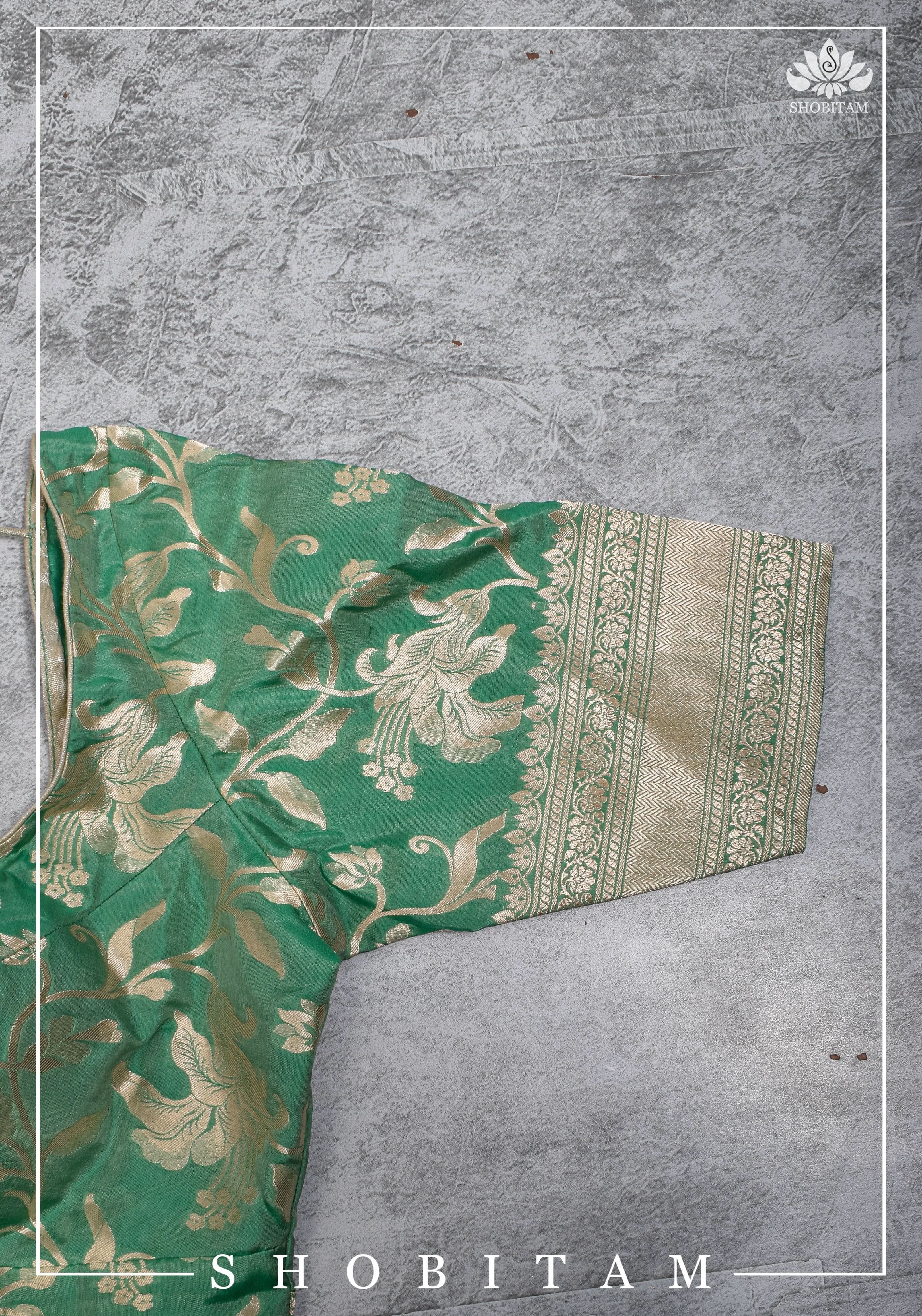 Size 42 Pure Silk Plunge Neck Blouse In Sea Green with Jaal Zari  | Shobitam Saree - Image 4