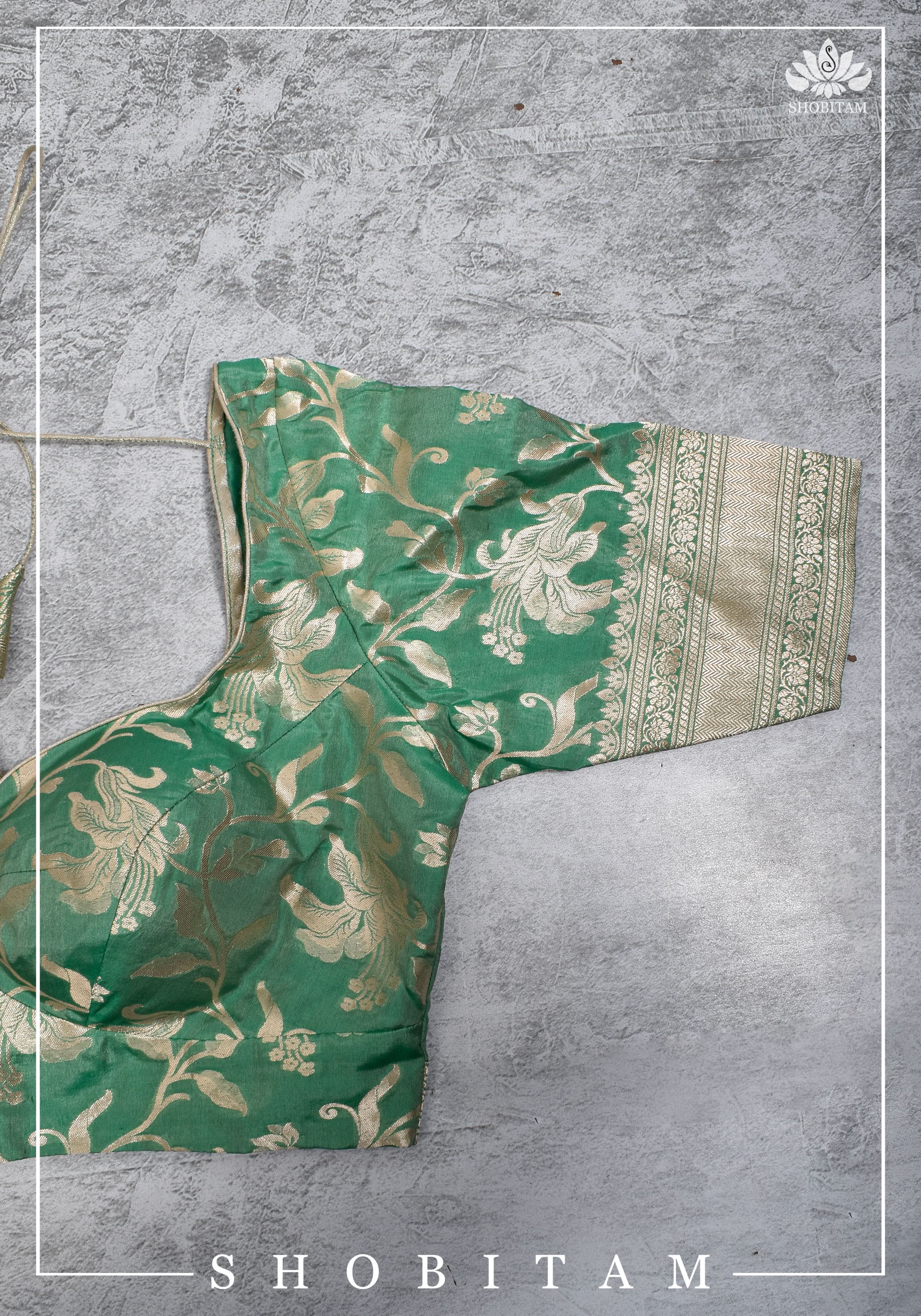 Size 42 Pure Silk Plunge Neck Blouse In Sea Green with Jaal Zari  | Shobitam Saree - Image 5