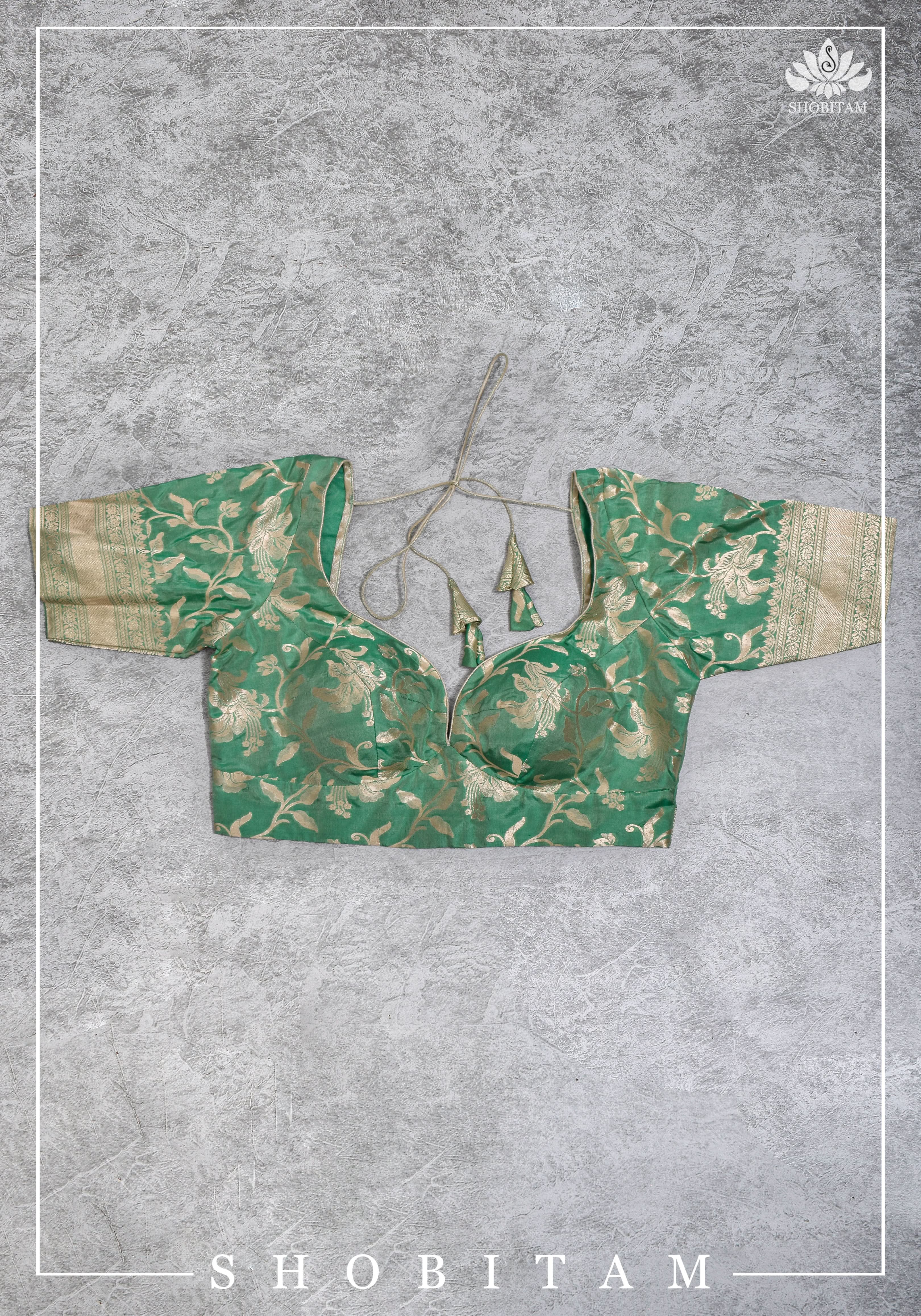 Size 42 Pure Silk Plunge Neck Blouse In Sea Green with Jaal Zari  | Shobitam Saree - Image 9