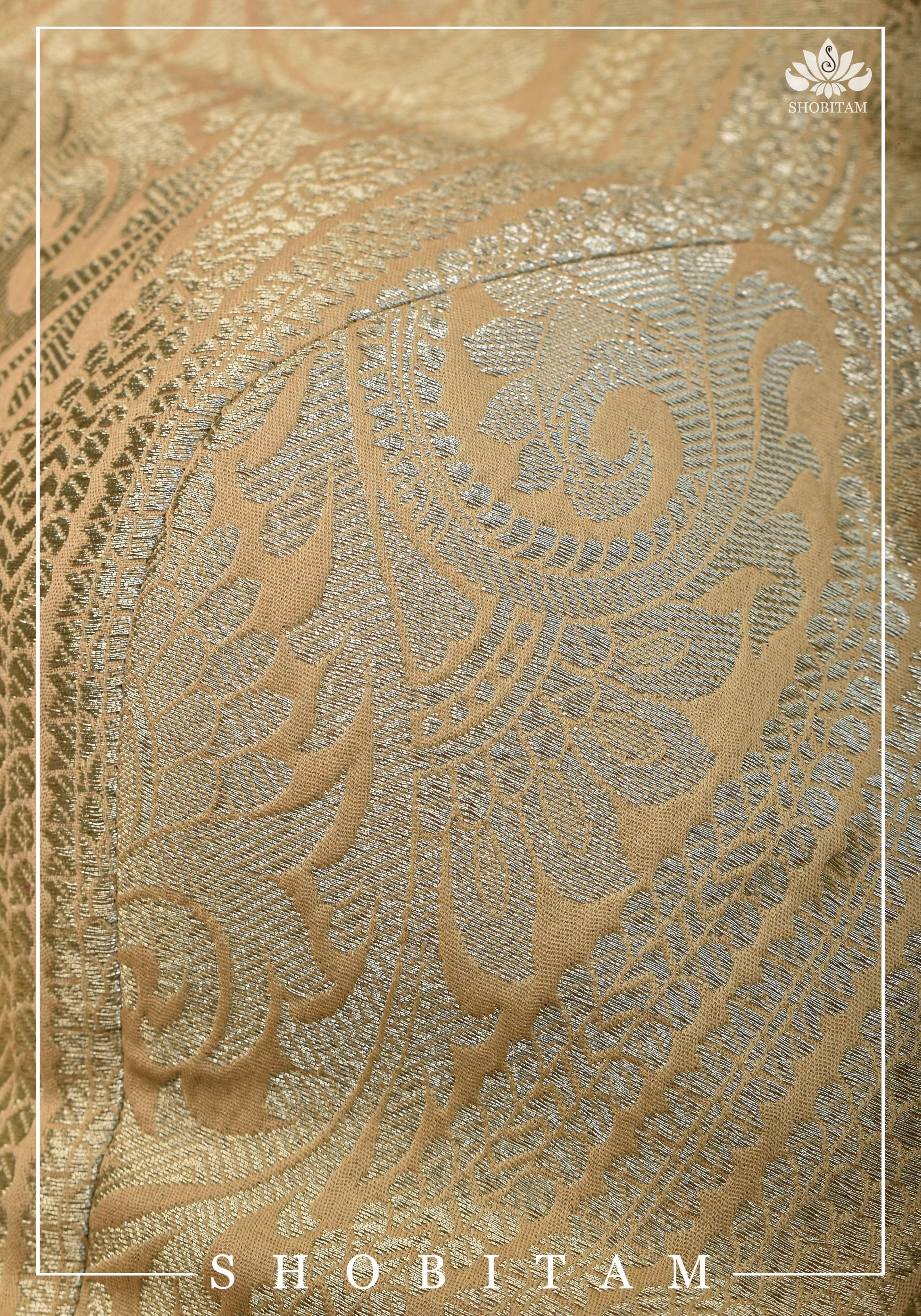SIZE  32 Brocade Silk Blouse in Beige with Net sleeve | Statement Saree Blouse | Shobitam Blouse - Image 2