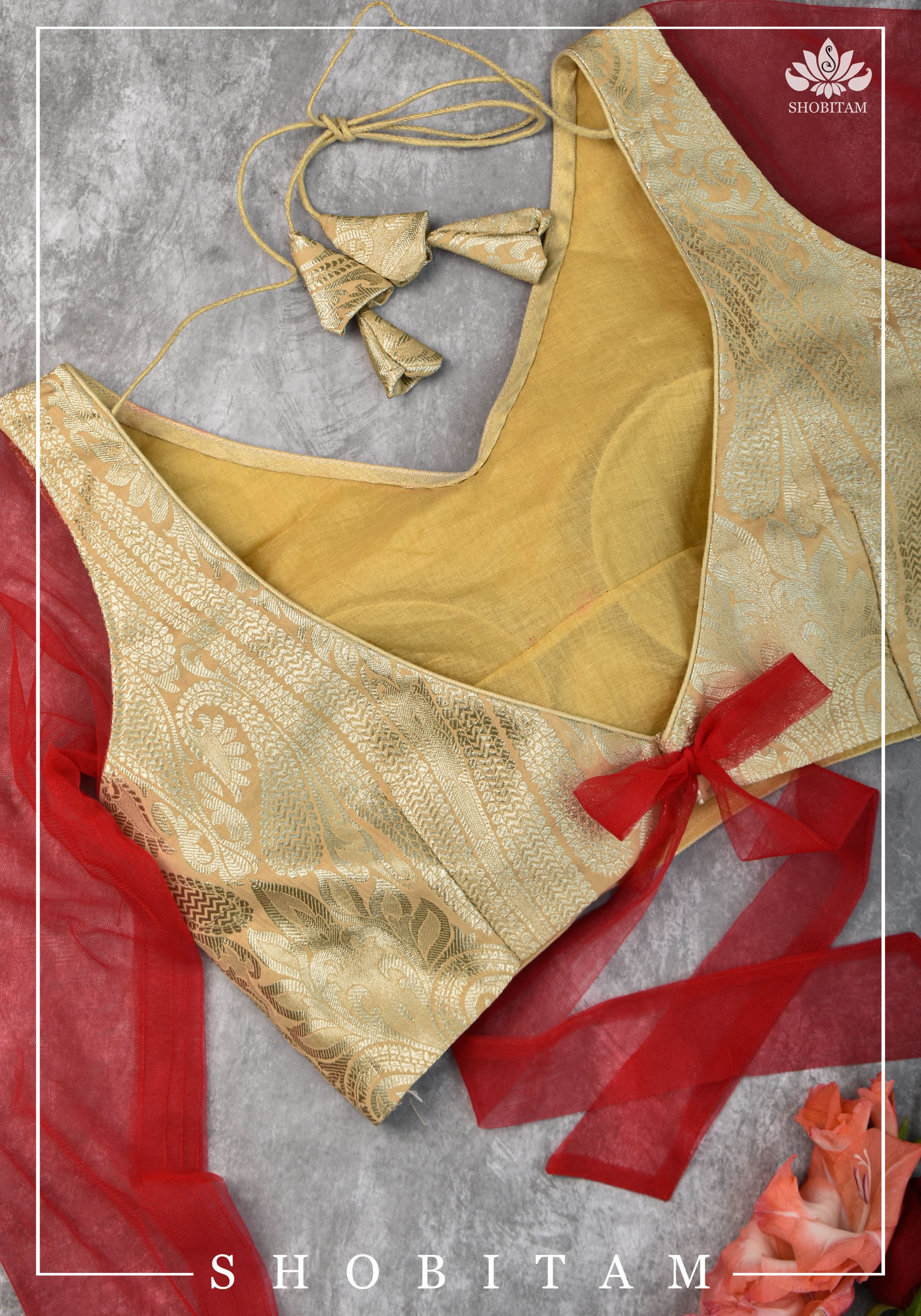 SIZE  32 Brocade Silk Blouse in Beige with Net sleeve | Statement Saree Blouse | Shobitam Blouse - Image 23