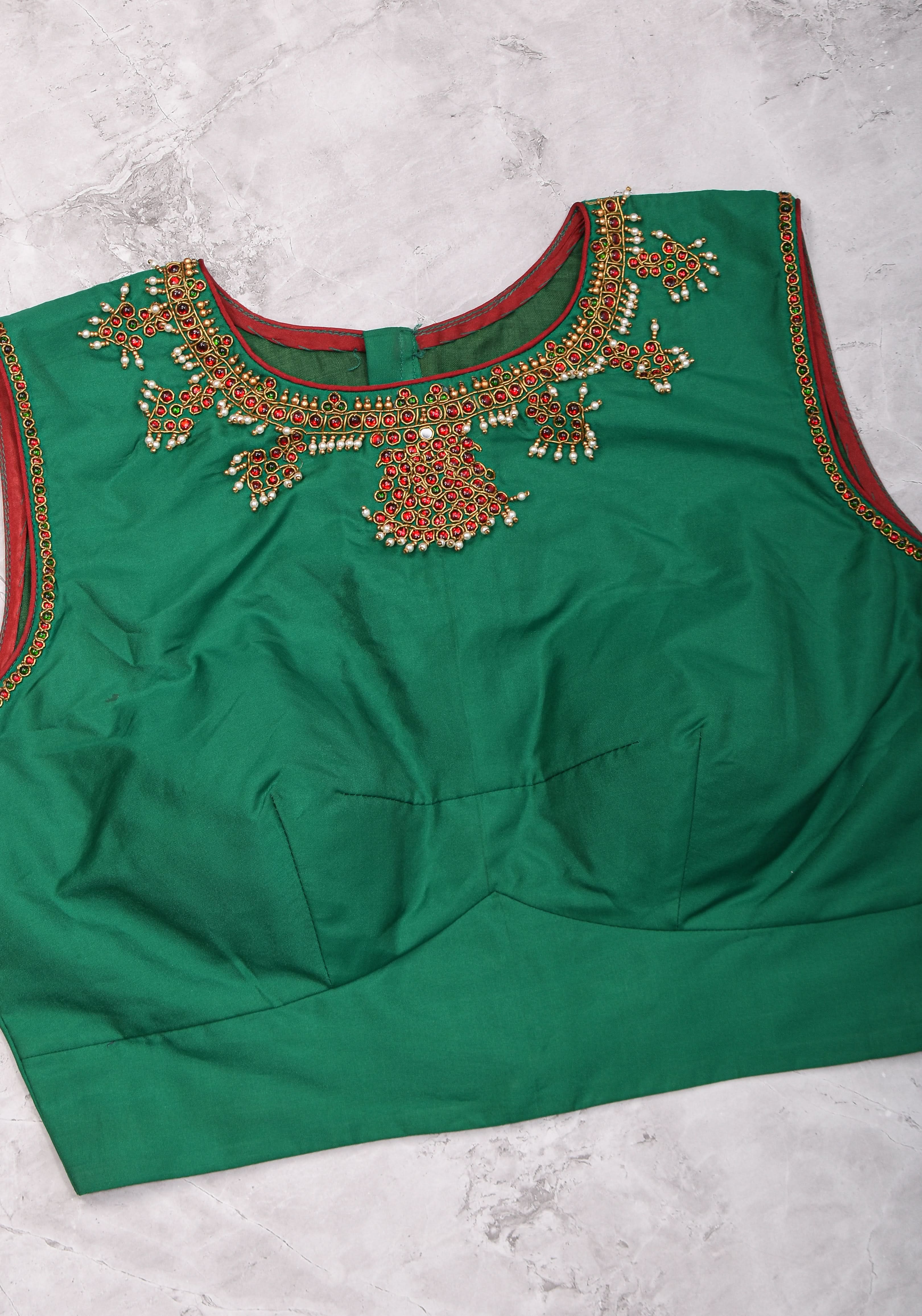 Custom Made:  Necklace Design Jadau Ornamental Sleeveless Blouse in SIlk | Shobitam Blouse - Image 2