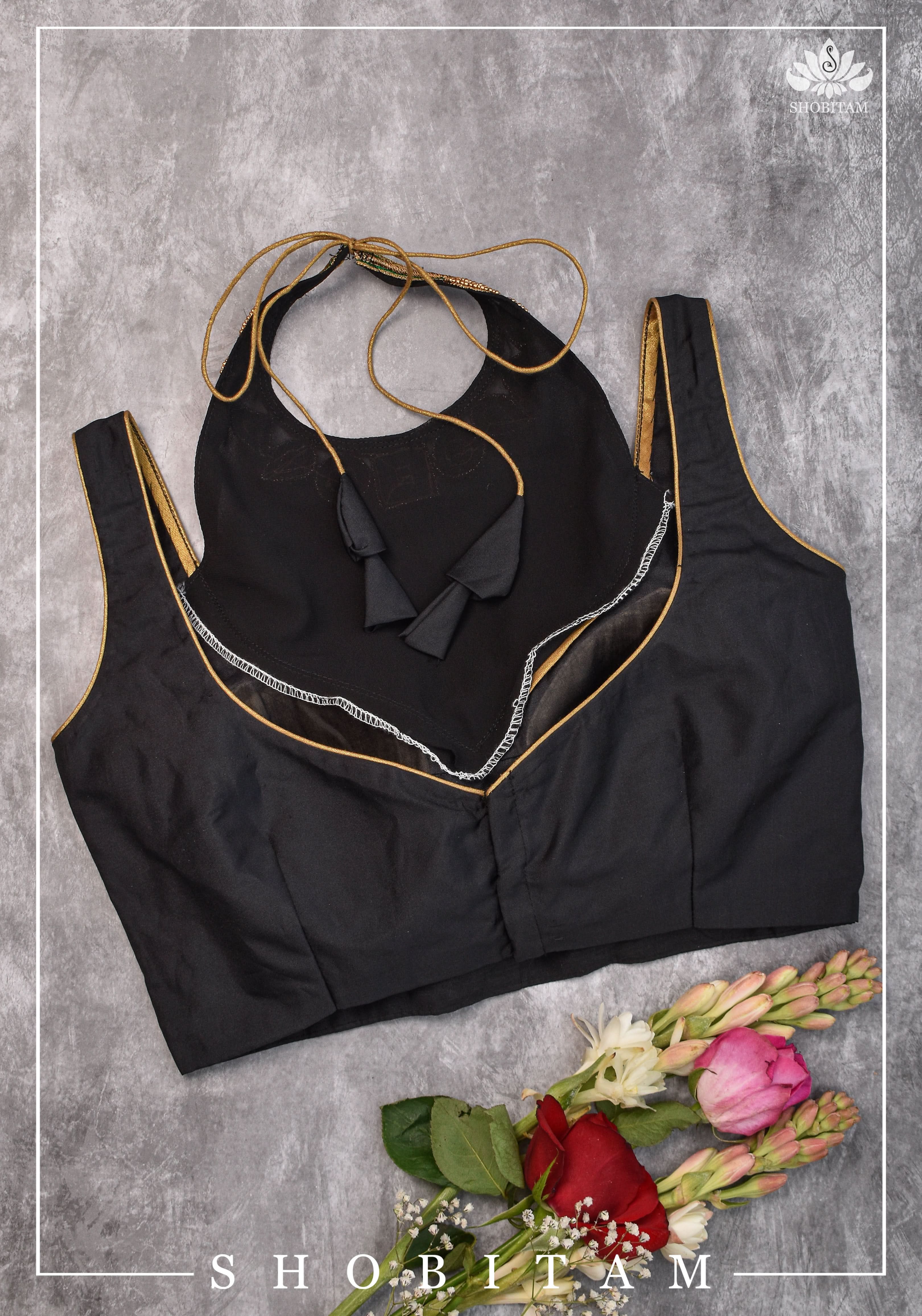 Made to order: Necklace Design Jadau Ornamental Blouse with Georgette Yoke in Black | Shobitam - Image 5
