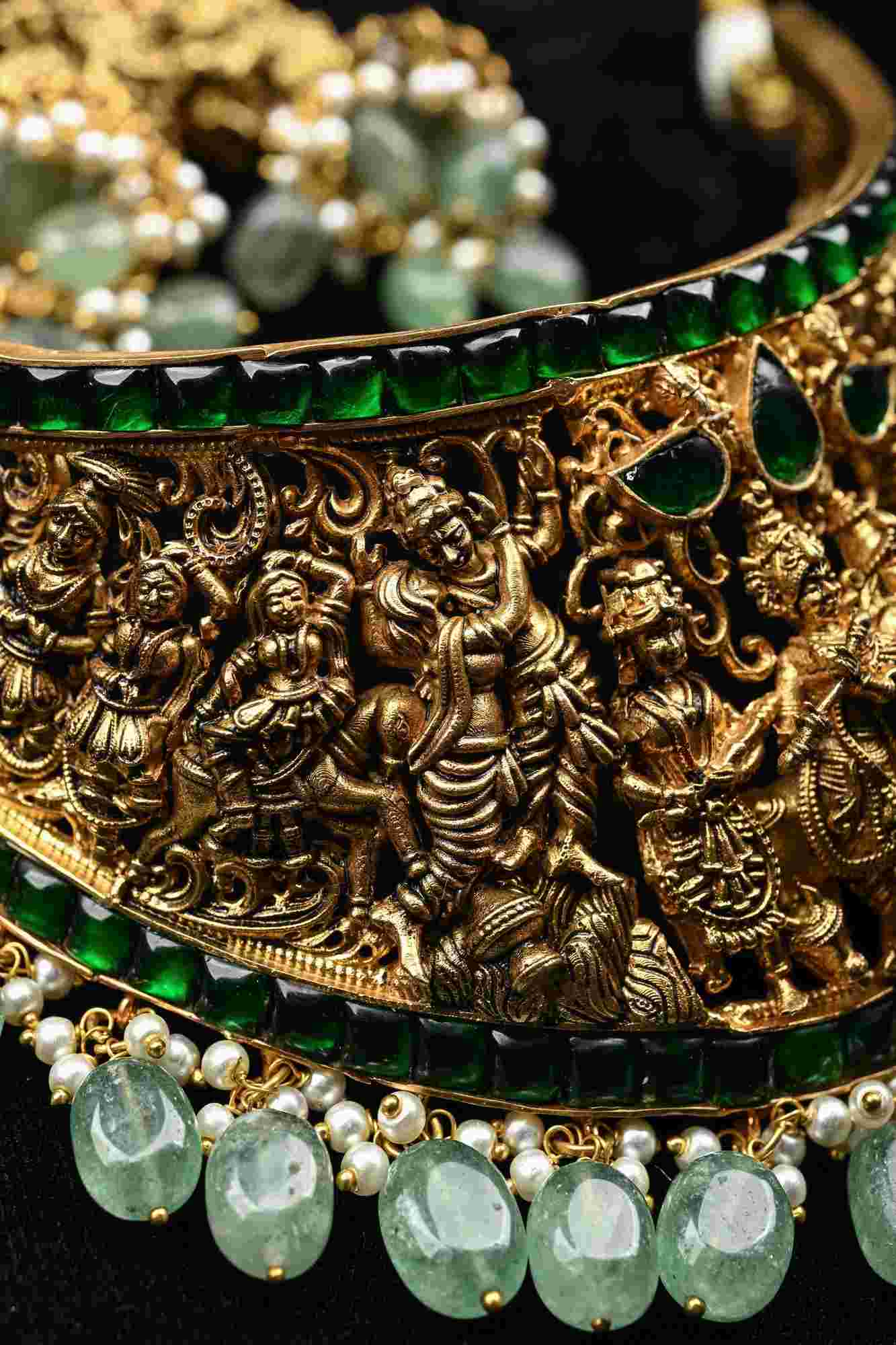 Antique Handcrafted Jadau Radhe Krishna Choker Set with Green Stone and Dangling Beads - Image 10