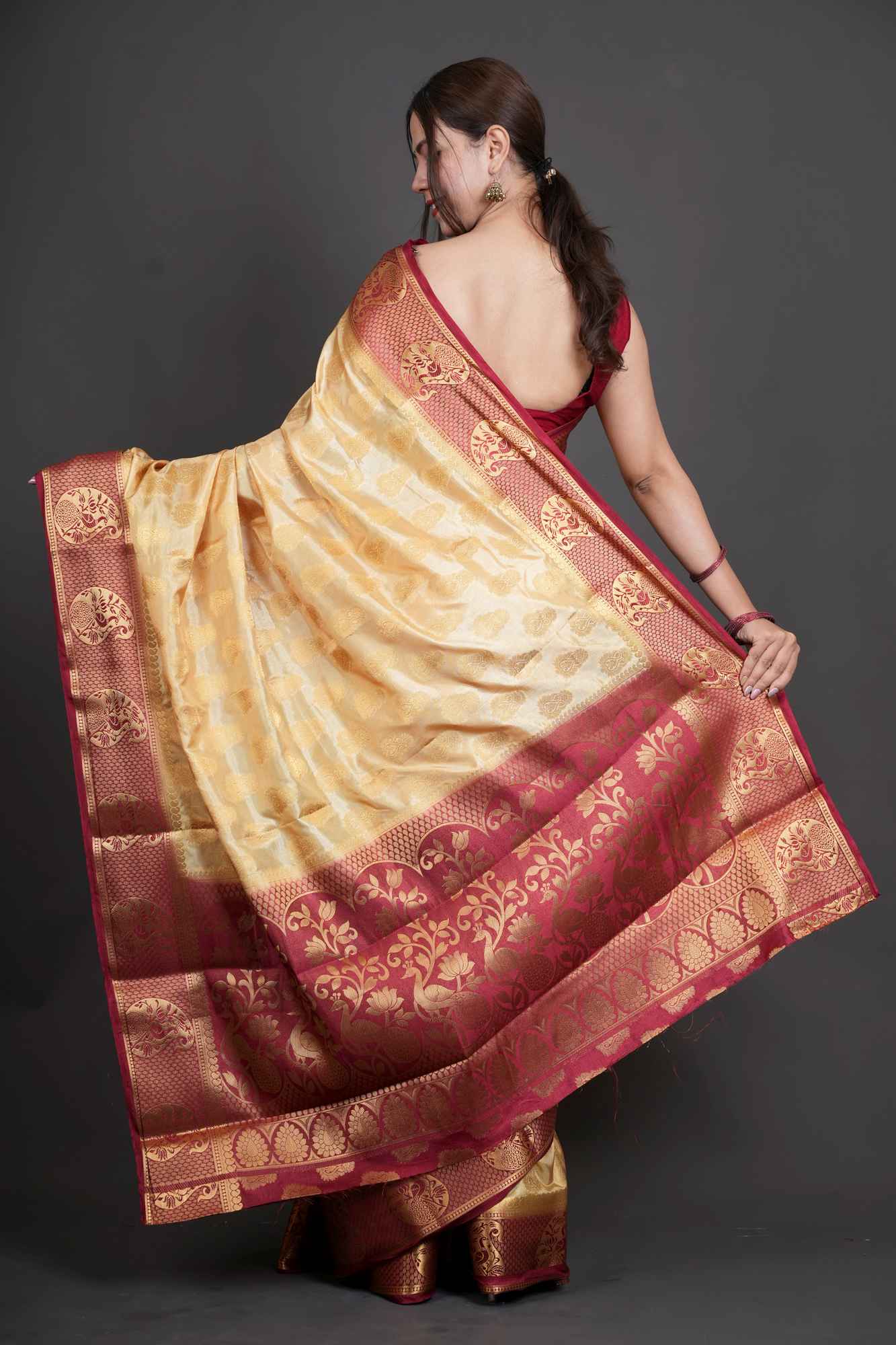 South Silk with Contrast Border Zari Work Ready To Wear Saree - Image 4