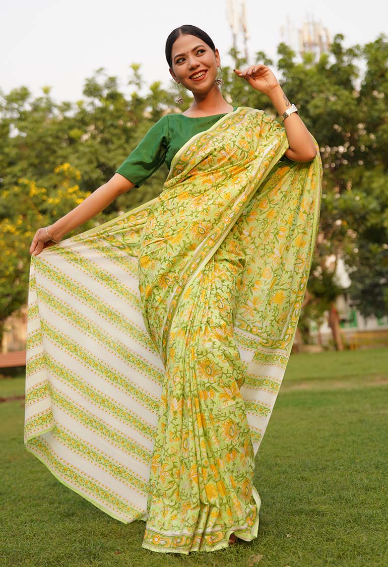 As cool as a lemonade quirky handblock print sanganeri mulmul ready to wear saree - Image 3