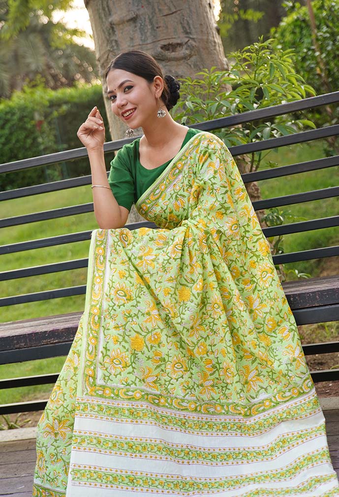 As cool as a lemonade quirky handblock print sanganeri mulmul ready to wear saree - Image 4