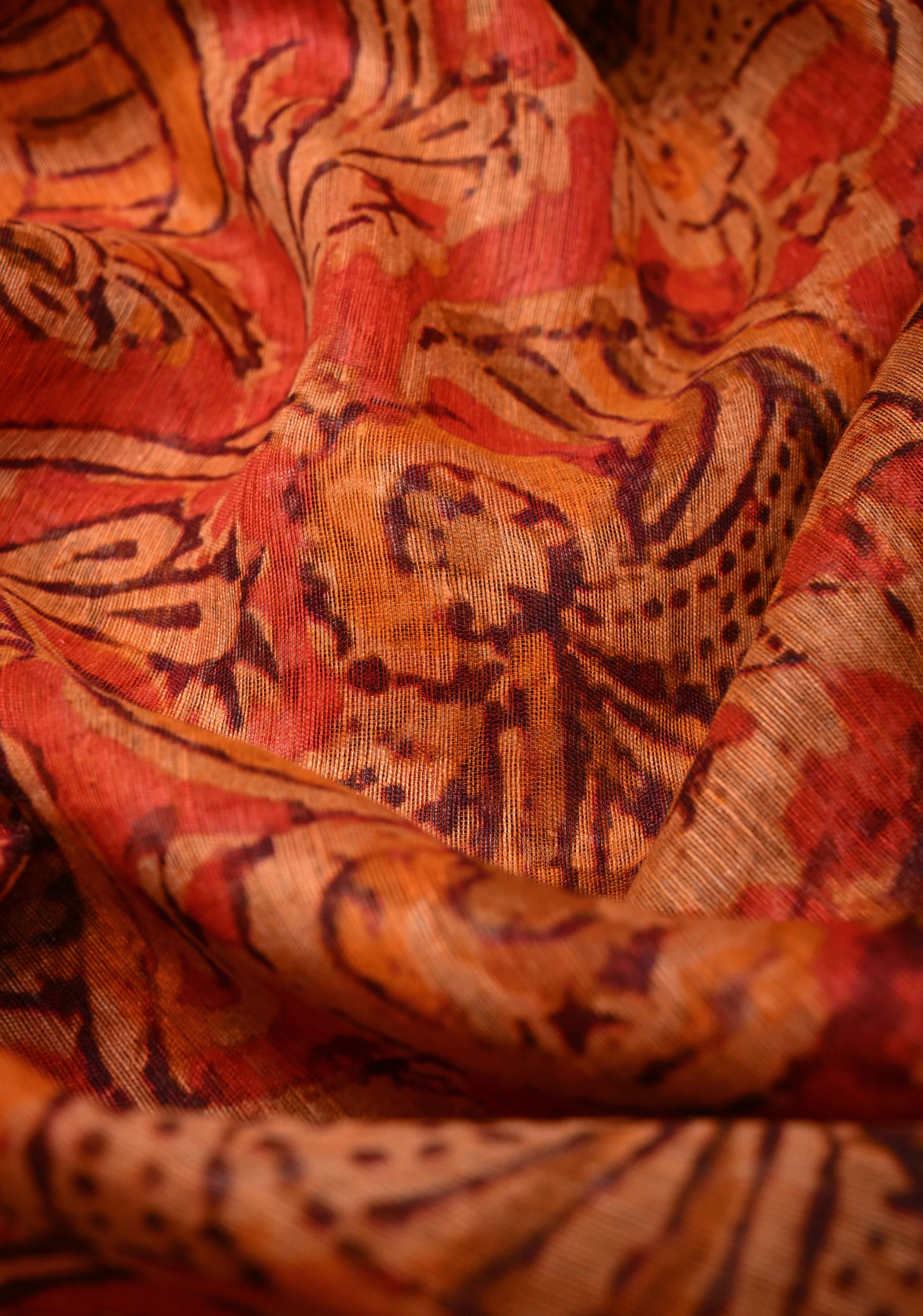 Ashta Ganapathi Kalamkari Digital Print Silk Linen Saree in Orange | Shobitam - Image 3