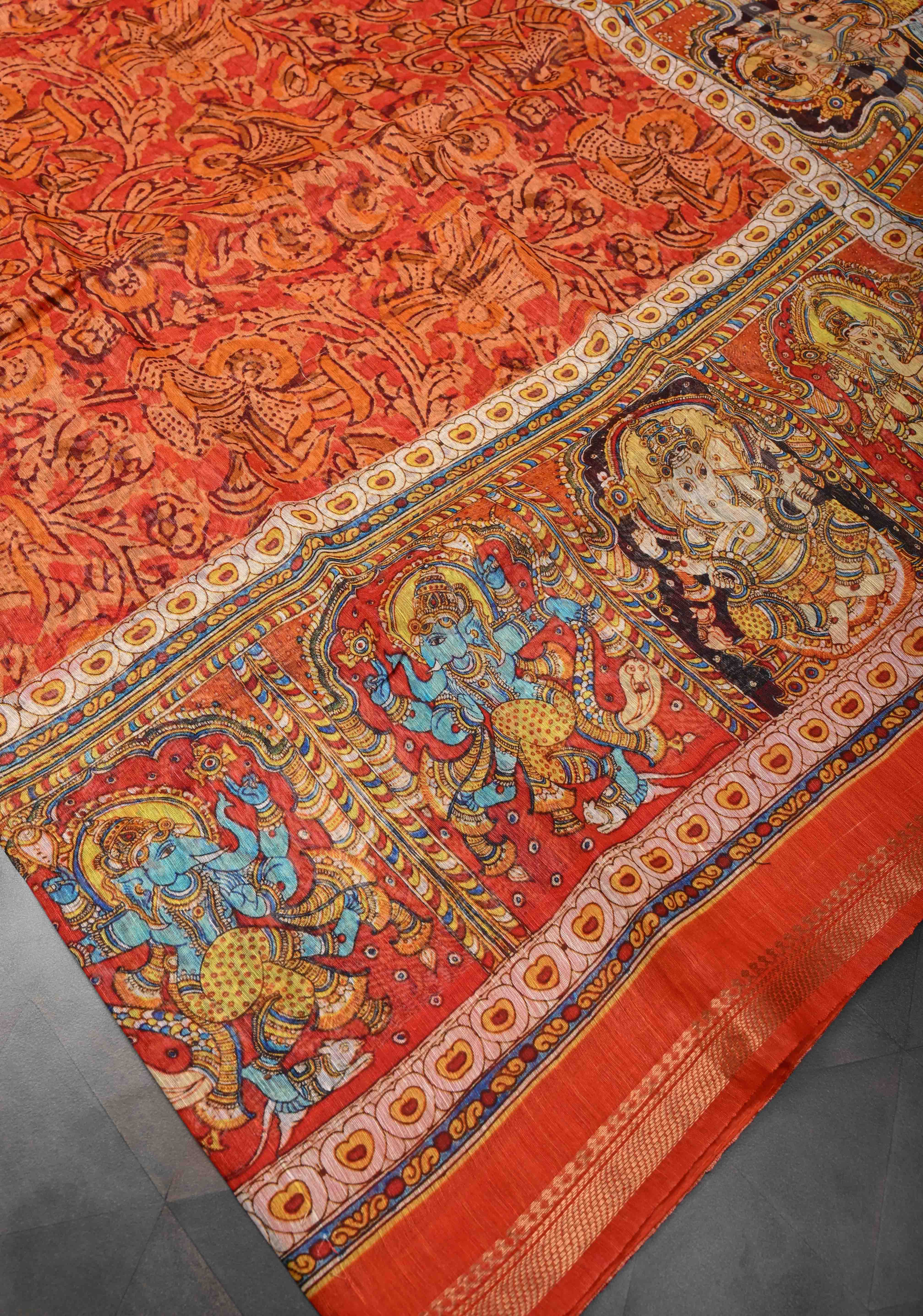 Ashta Ganapathi Kalamkari Digital Print Silk Linen Saree in Orange | Shobitam - Image 7