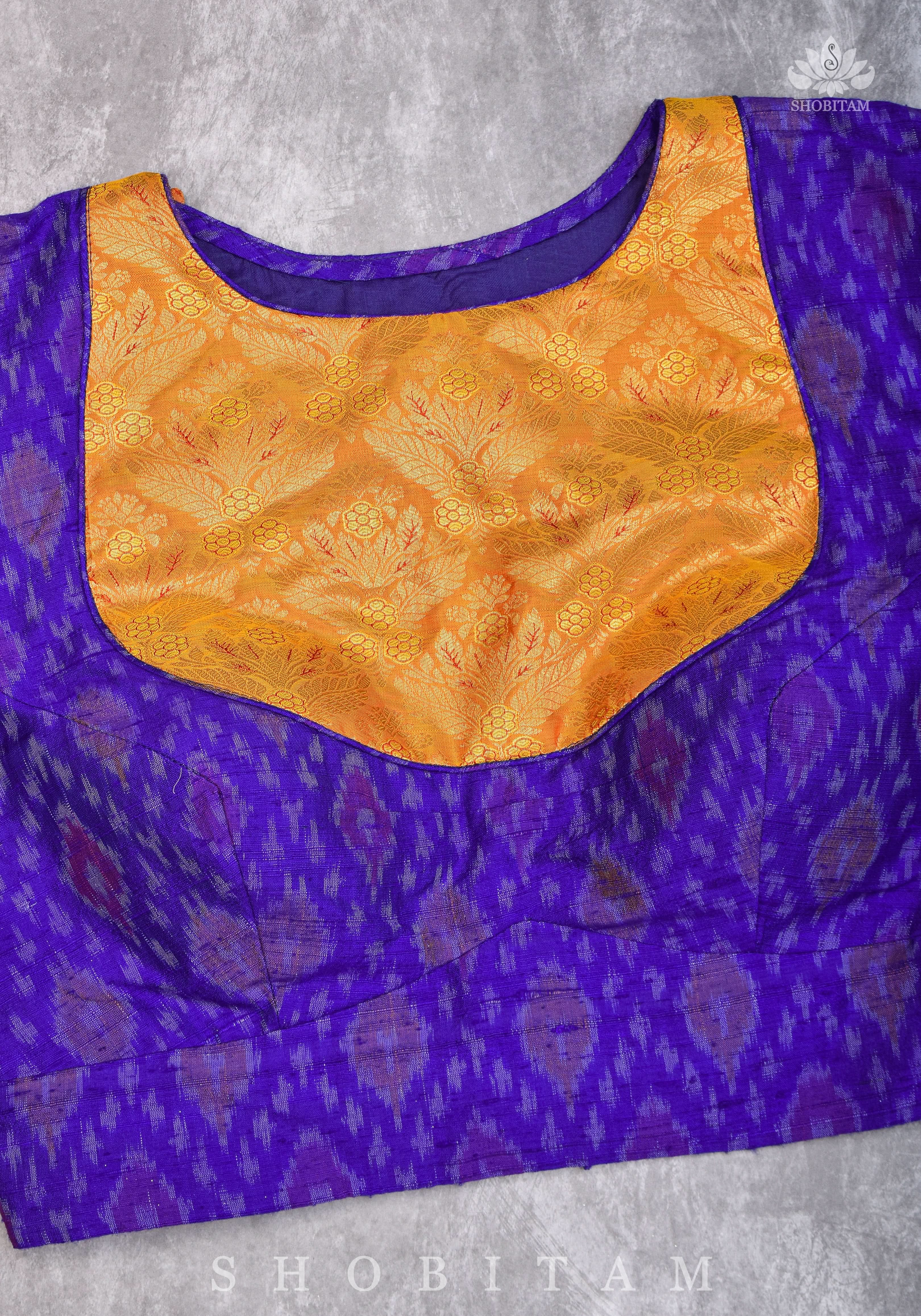 Asymmetric Cutout Pure Silk Ikkat Raw Silk and kanjivaram Silk brocade Fusion Blouse | Shobitam - Image 15