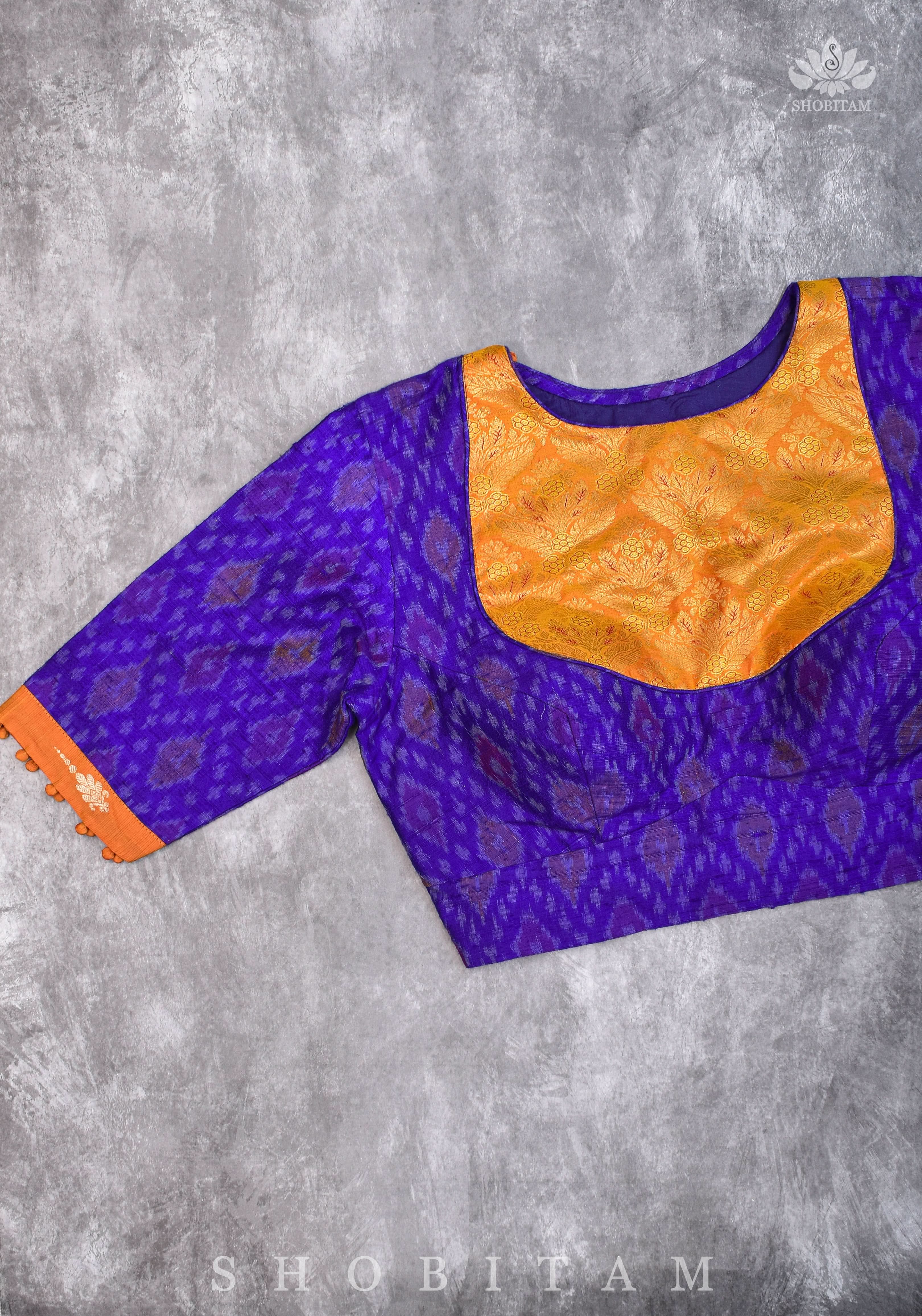 Asymmetric Cutout Pure Silk Ikkat Raw Silk and kanjivaram Silk brocade Fusion Blouse | Shobitam - Image 17