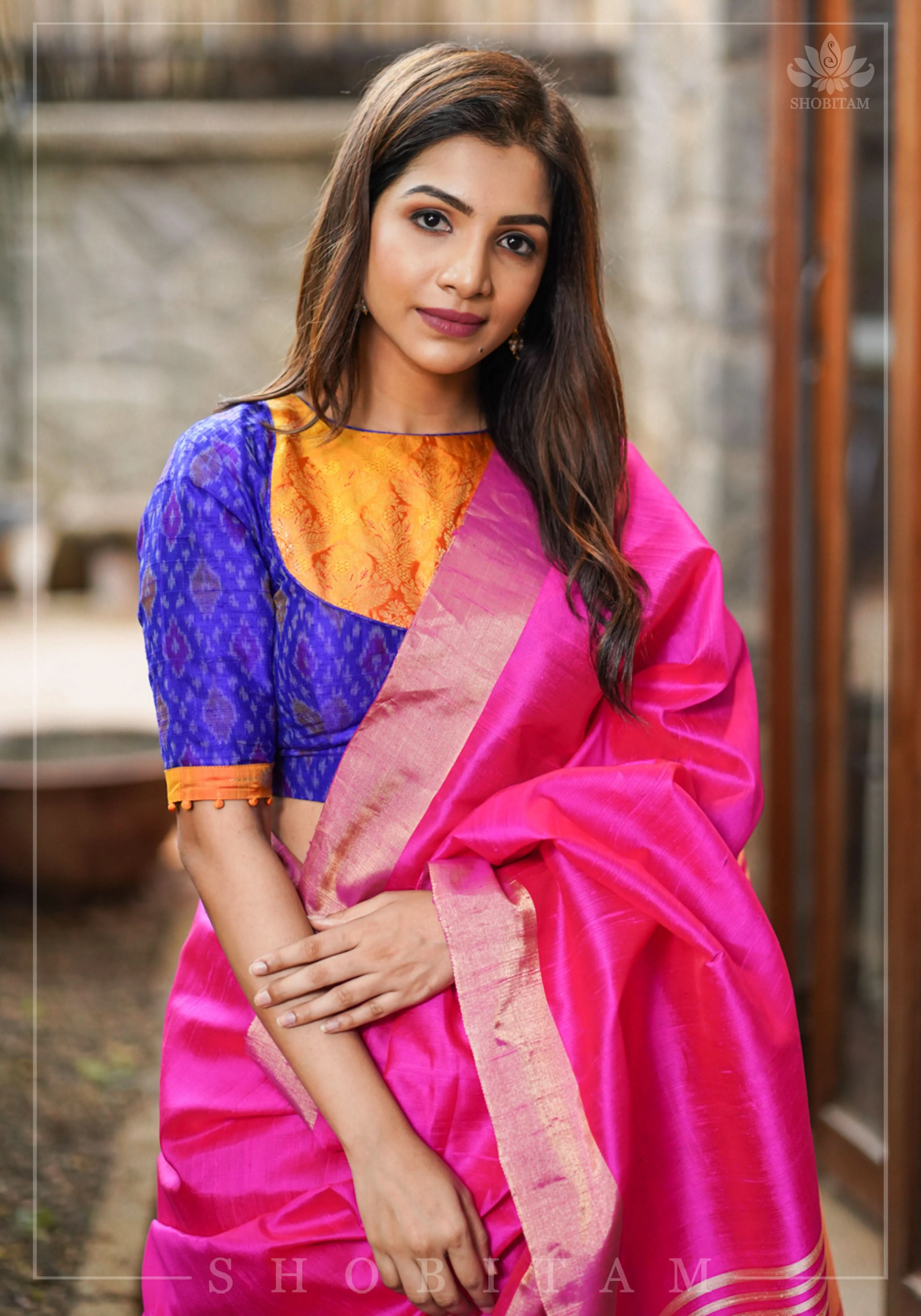 Asymmetric Cutout Pure Silk Ikkat Raw Silk and kanjivaram Silk brocade Fusion Blouse | Shobitam - Image 6