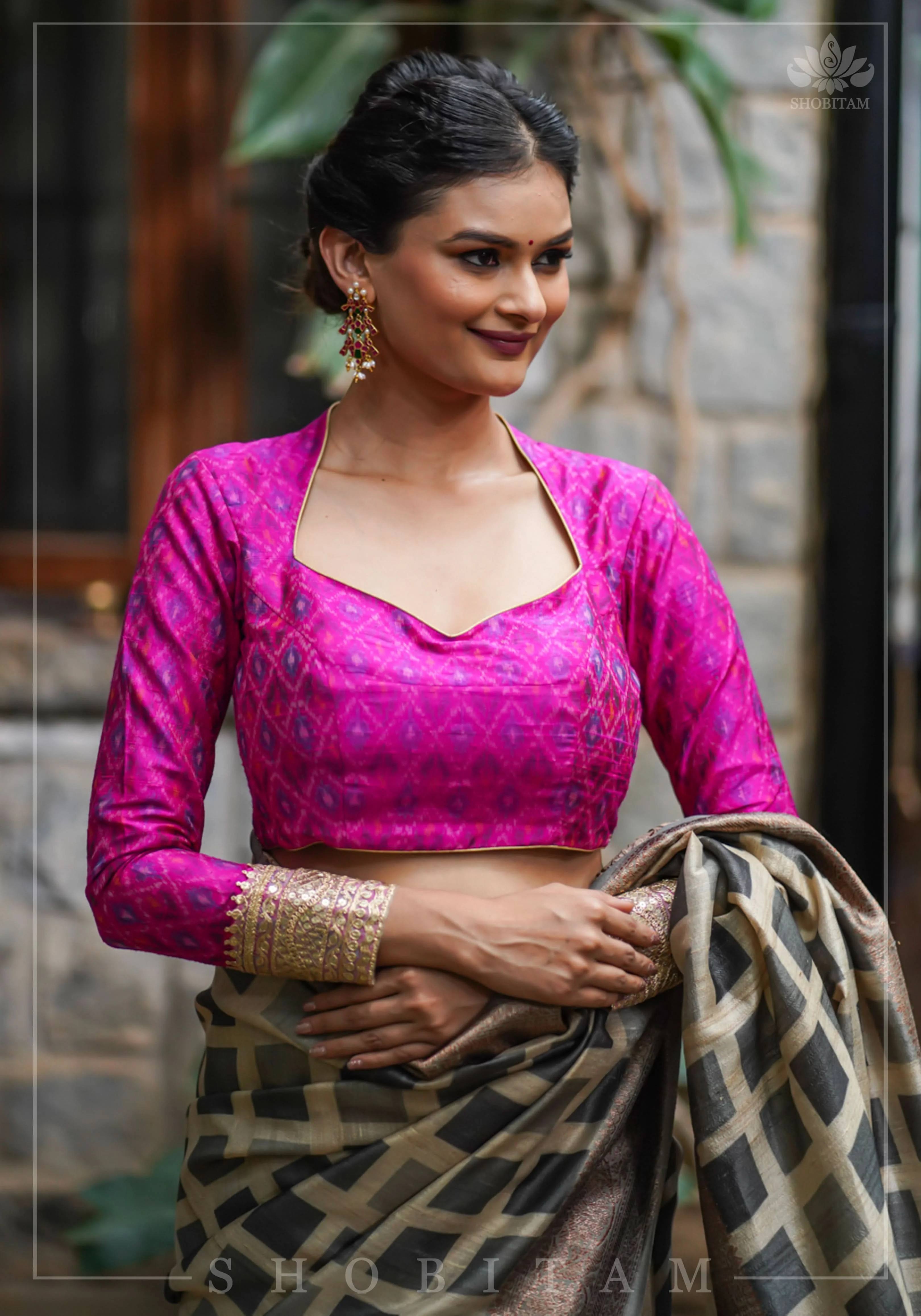 Authentic Ikkat weave on Pure Raw Silk Full Sleeve Blouse with Gotta embellishments | Shobitam