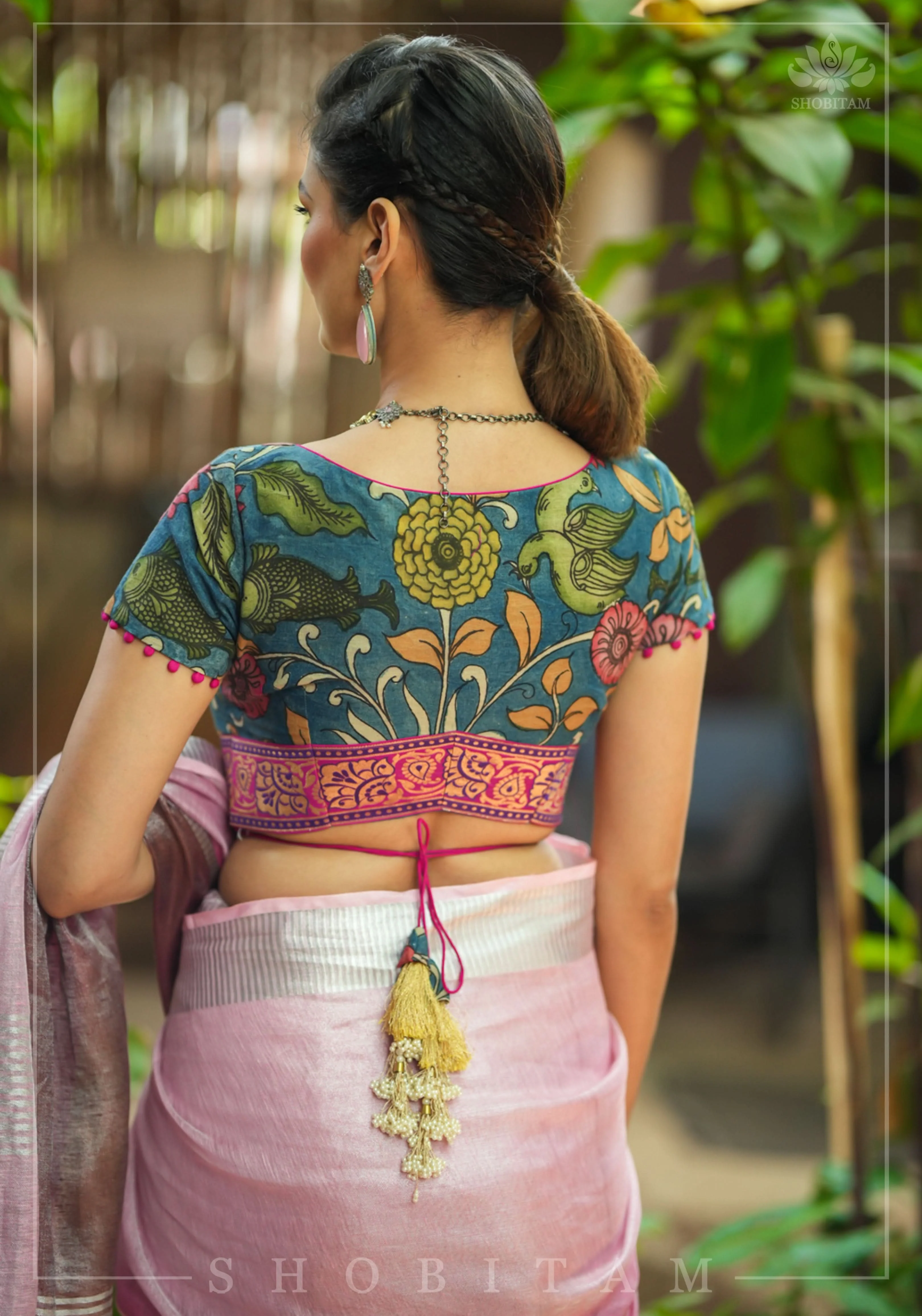 Authentic Pen Kalamkari Blouse in Livid Blue with Pond Theme painting, Banarasi Border and waist tie back! | Shobitam - Image 9