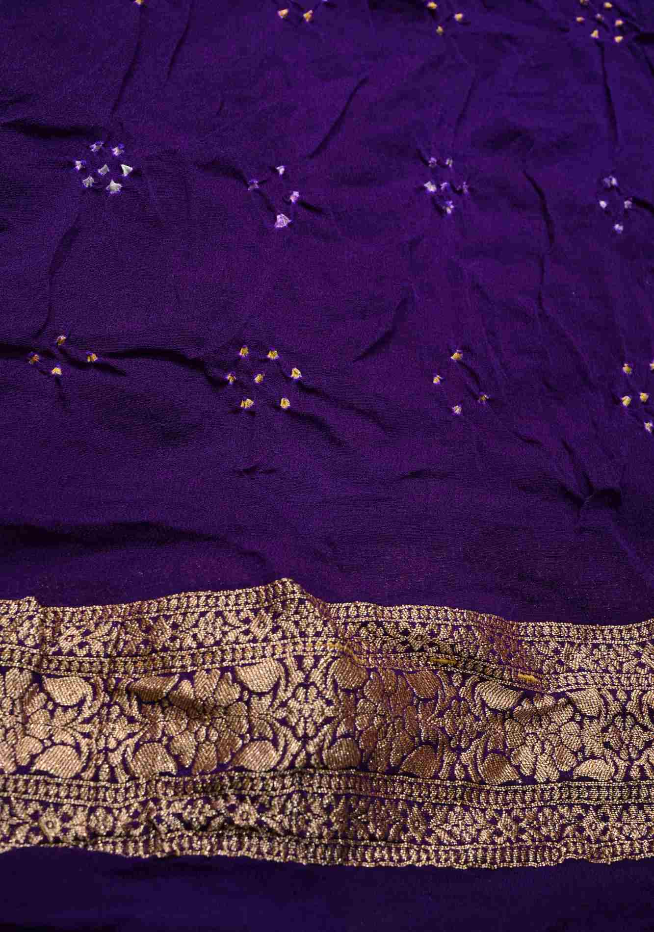 Authentic Rainbow Hand Bandhej Banarasi Jaal Silk Georgette Saree with Purple Zari Border | SILK MARK CERTIFIED Ready To Wear Saree - Image 6