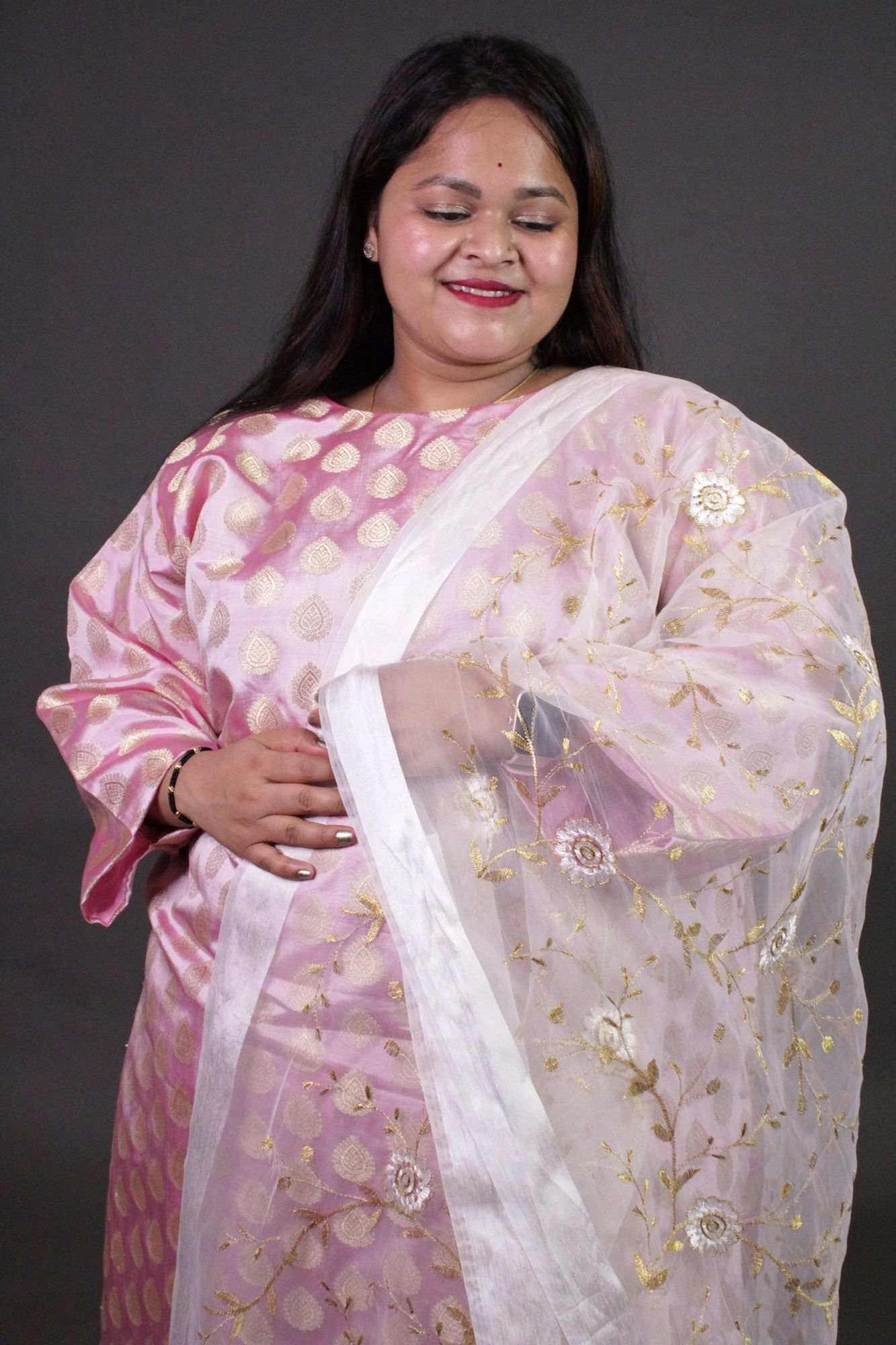 Baby Pink Brocade Ready to wear Salwar-Kameez with White Organza Embroidered Dupatta - Image 4