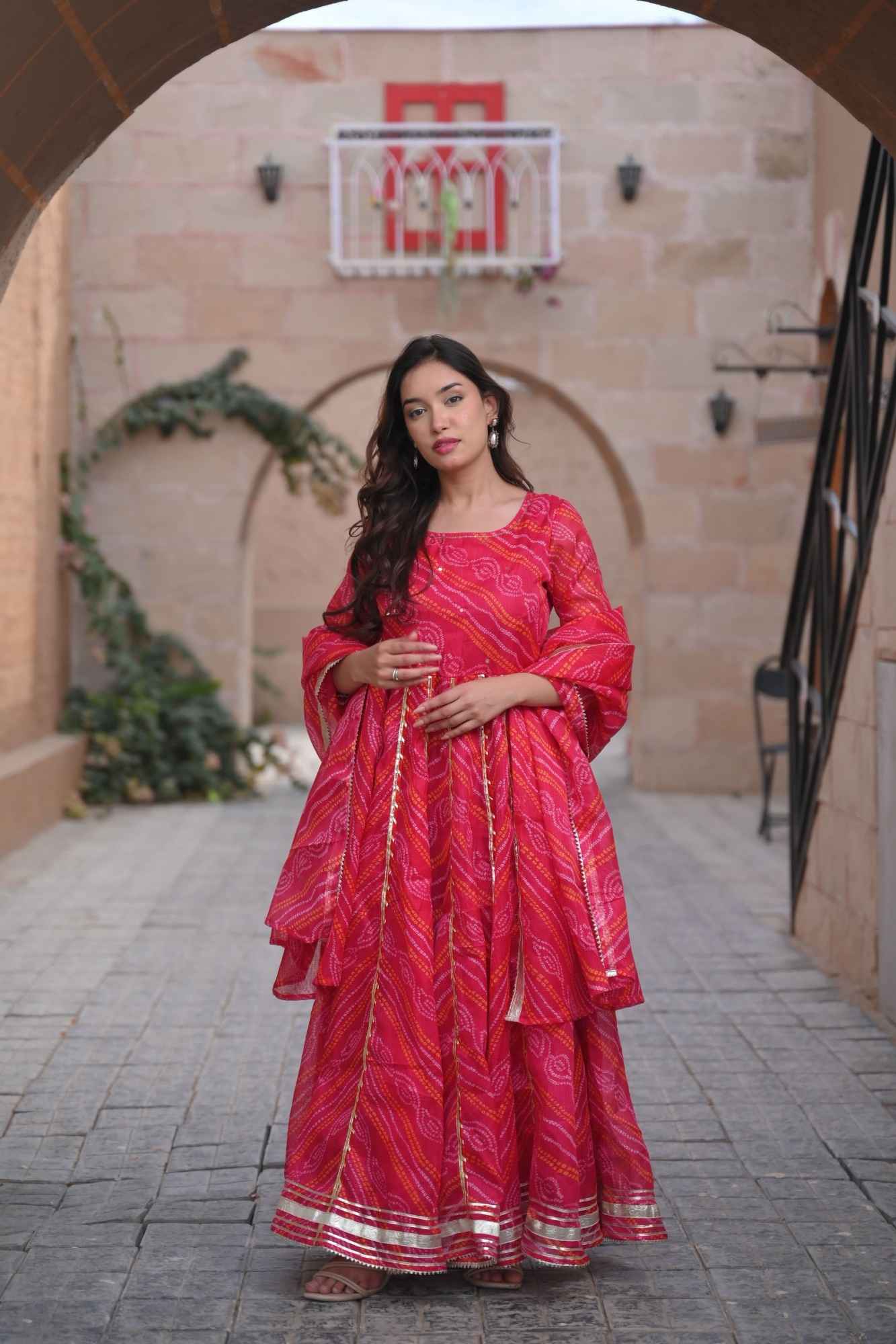 Baisa Bandhej Anarkali 3 PIece set with Dupatta and Leggings | Made To Order - Image 5
