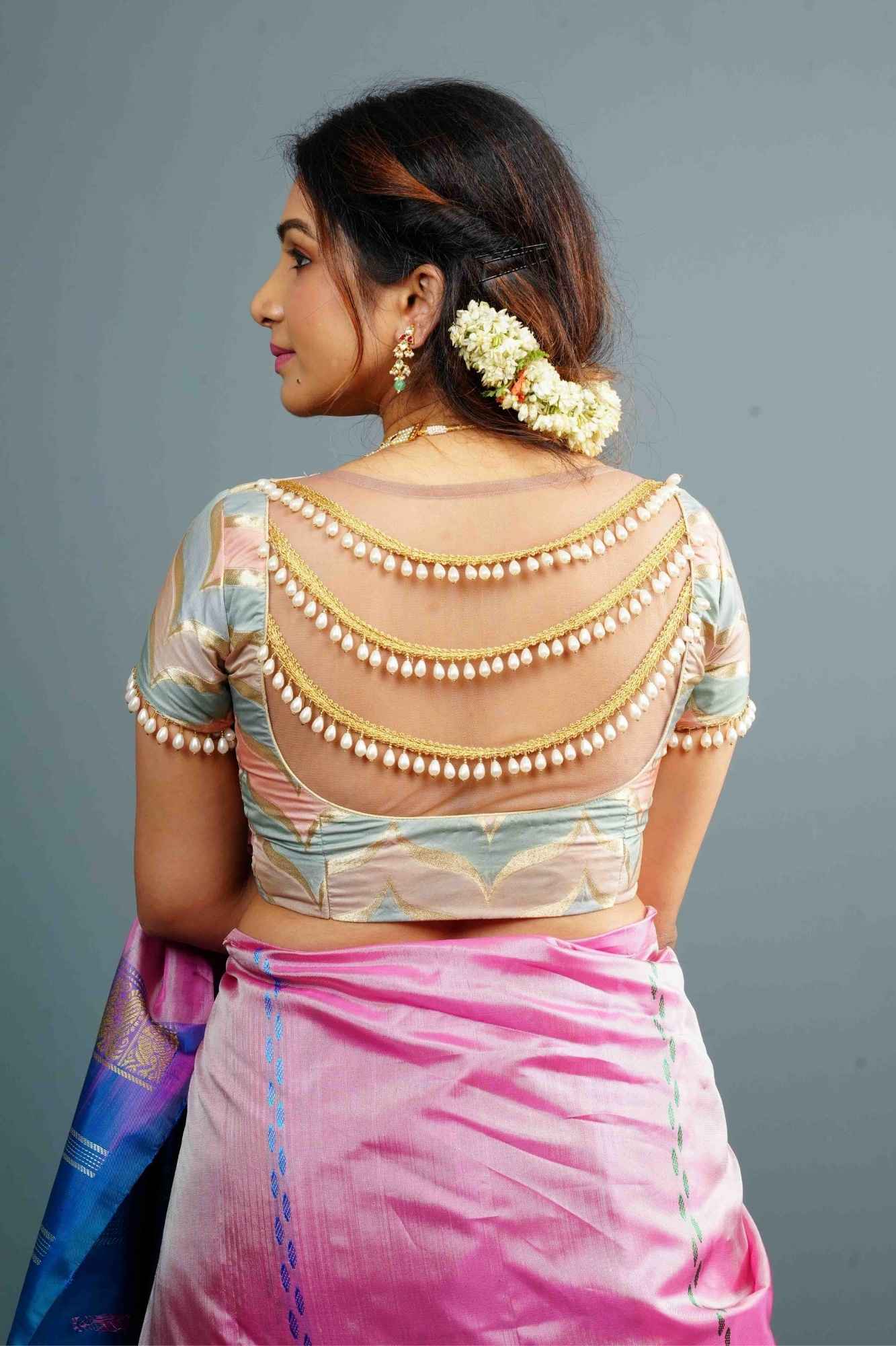 Banarasi Blouse in Gray Pink rangkaat designin pastel hues with beaded back detailing, Customizable, Made to Order - Image 9