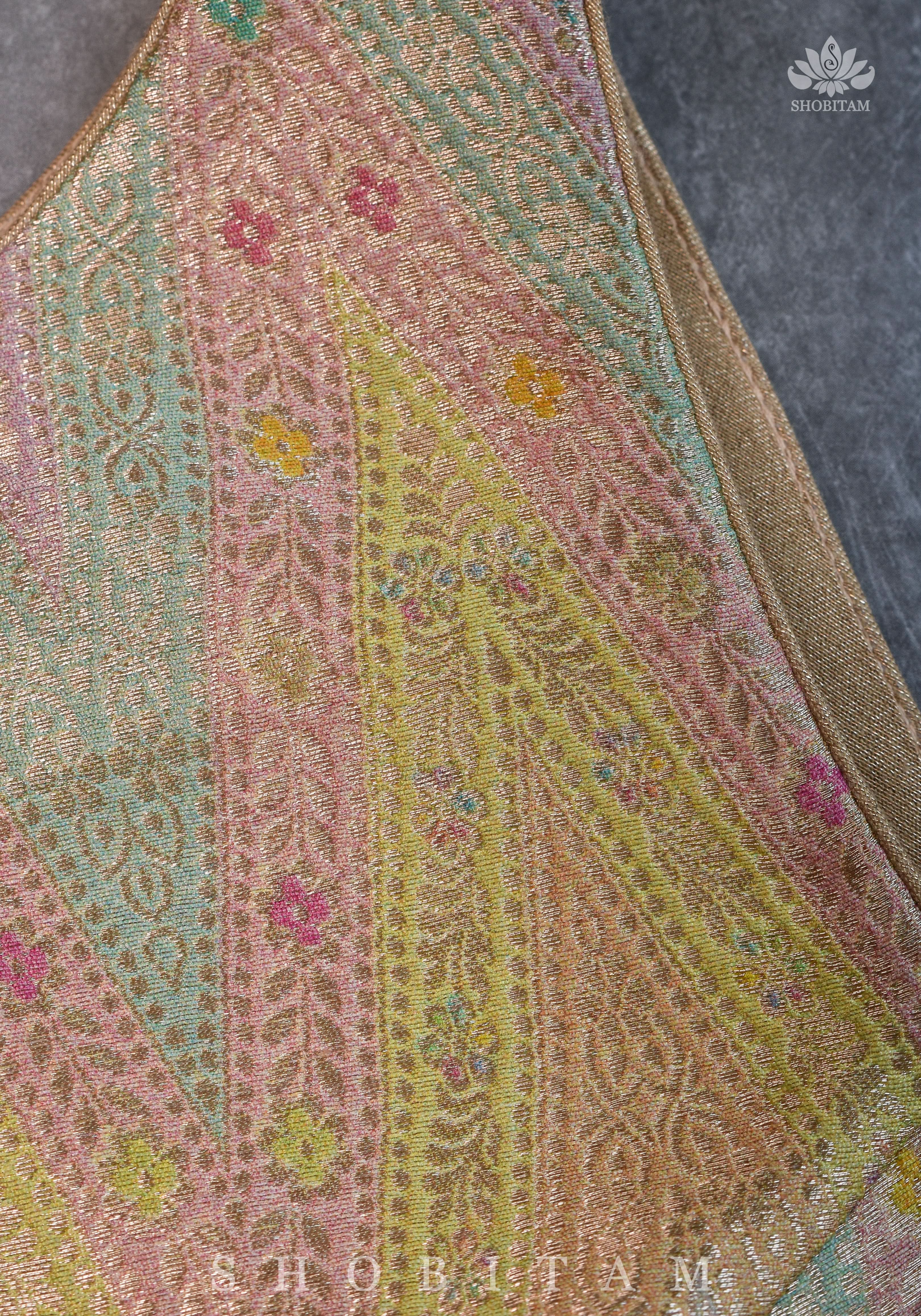 Banarasi Brocade Pastel Mix and Match Blouse with Side-back Closure and Potli Buttons | Shobitam - Image 12