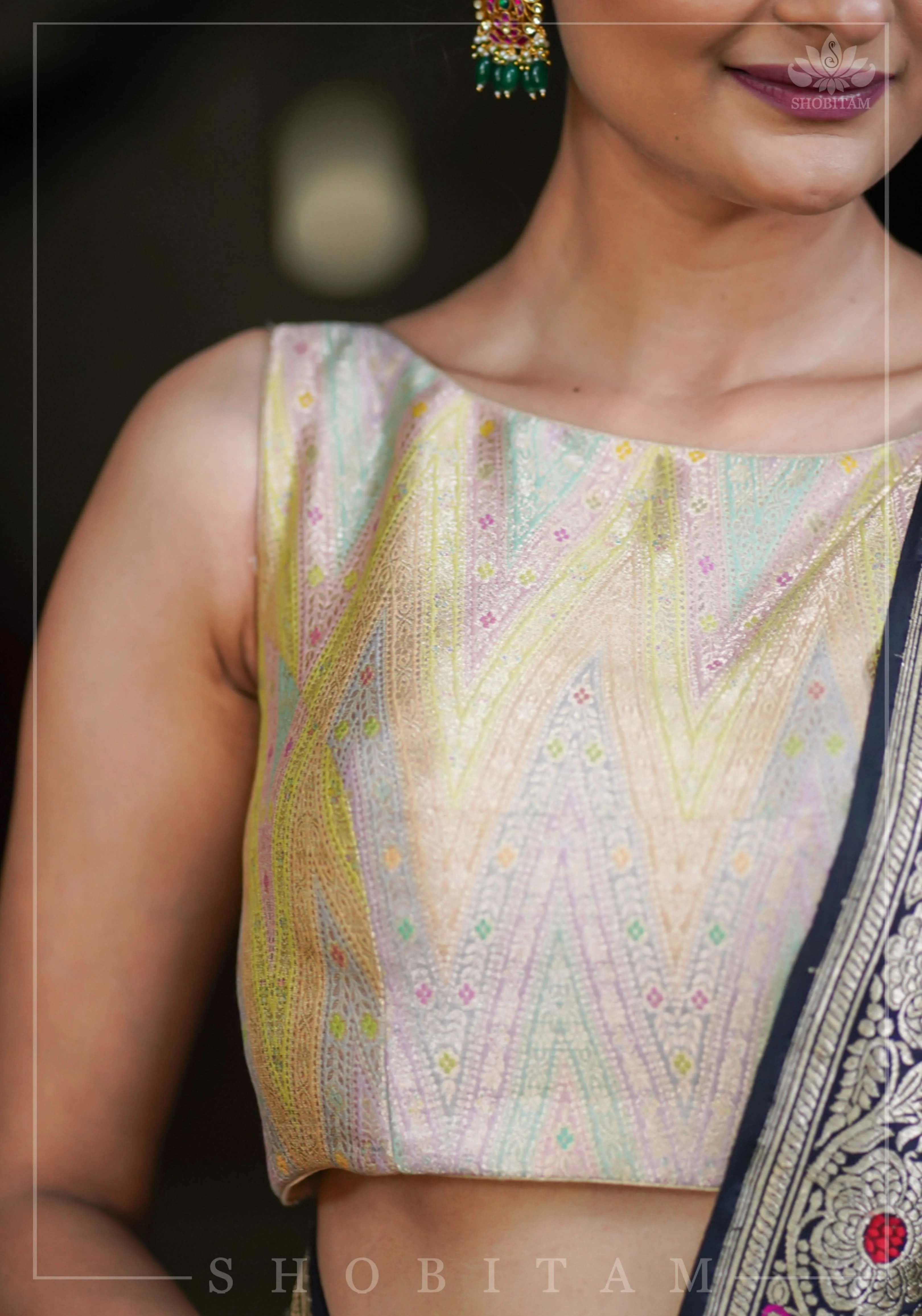 Banarasi Brocade Pastel Mix and Match Blouse with Side-back Closure and Potli Buttons | Shobitam - Image 6